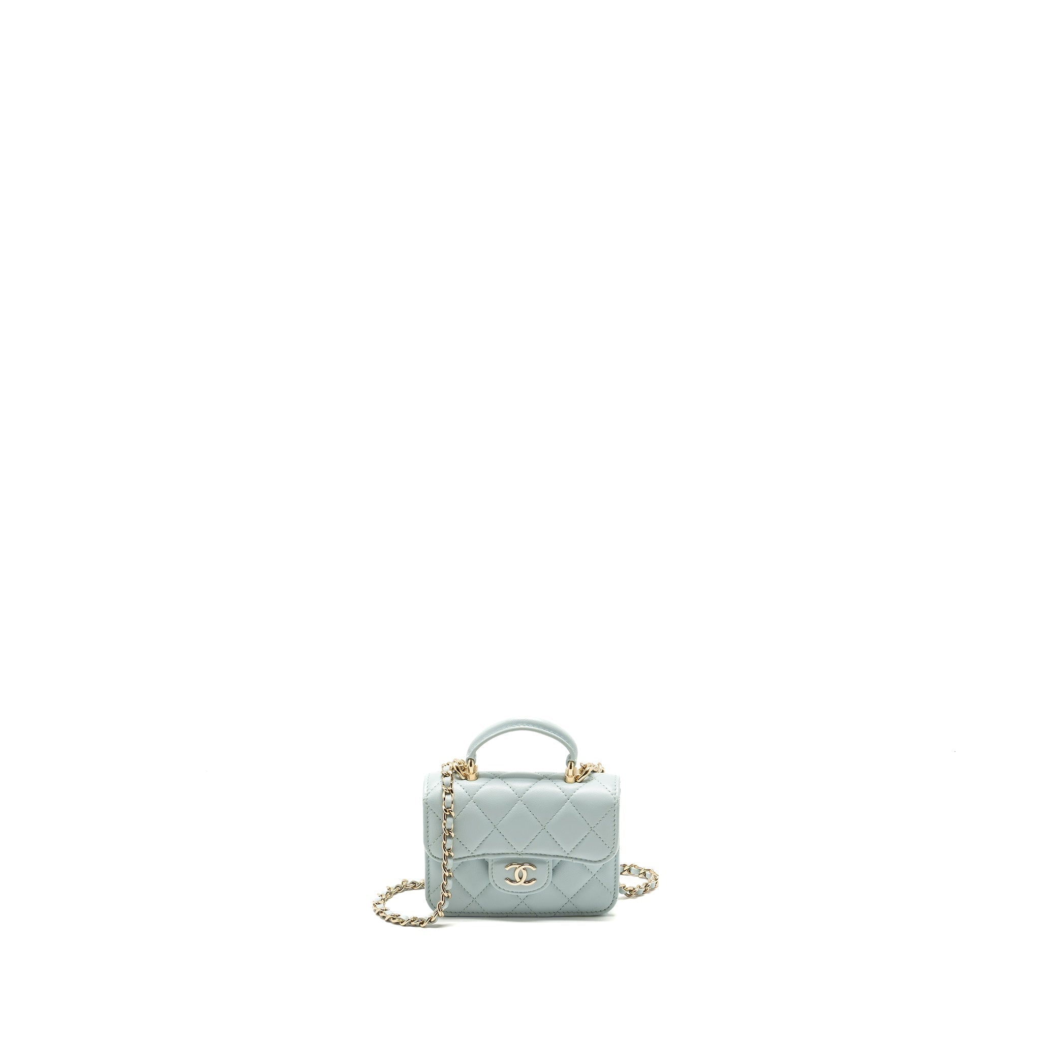 Chanel Top Handle Mini Flap Clutch with Chain Lambskin Light Blue L