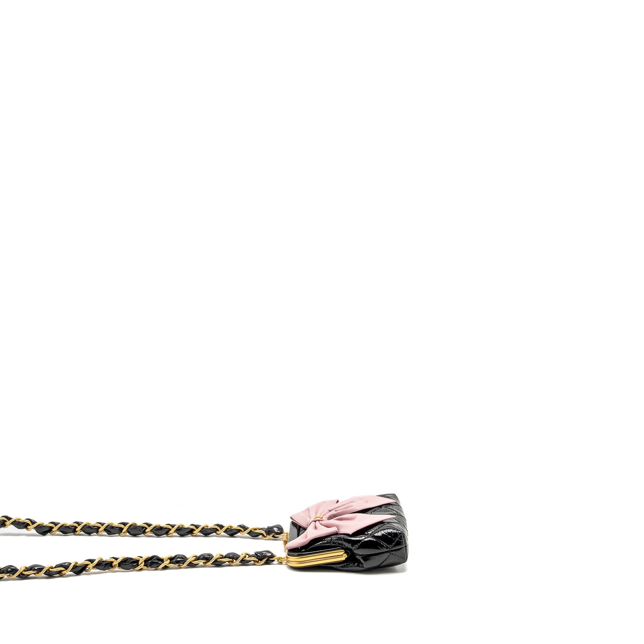 CHANEL 24A Bowknot Clutch With Chain Patent Crumpled lambskin/Shiny Lambskin Black/Pink  (Microchip)