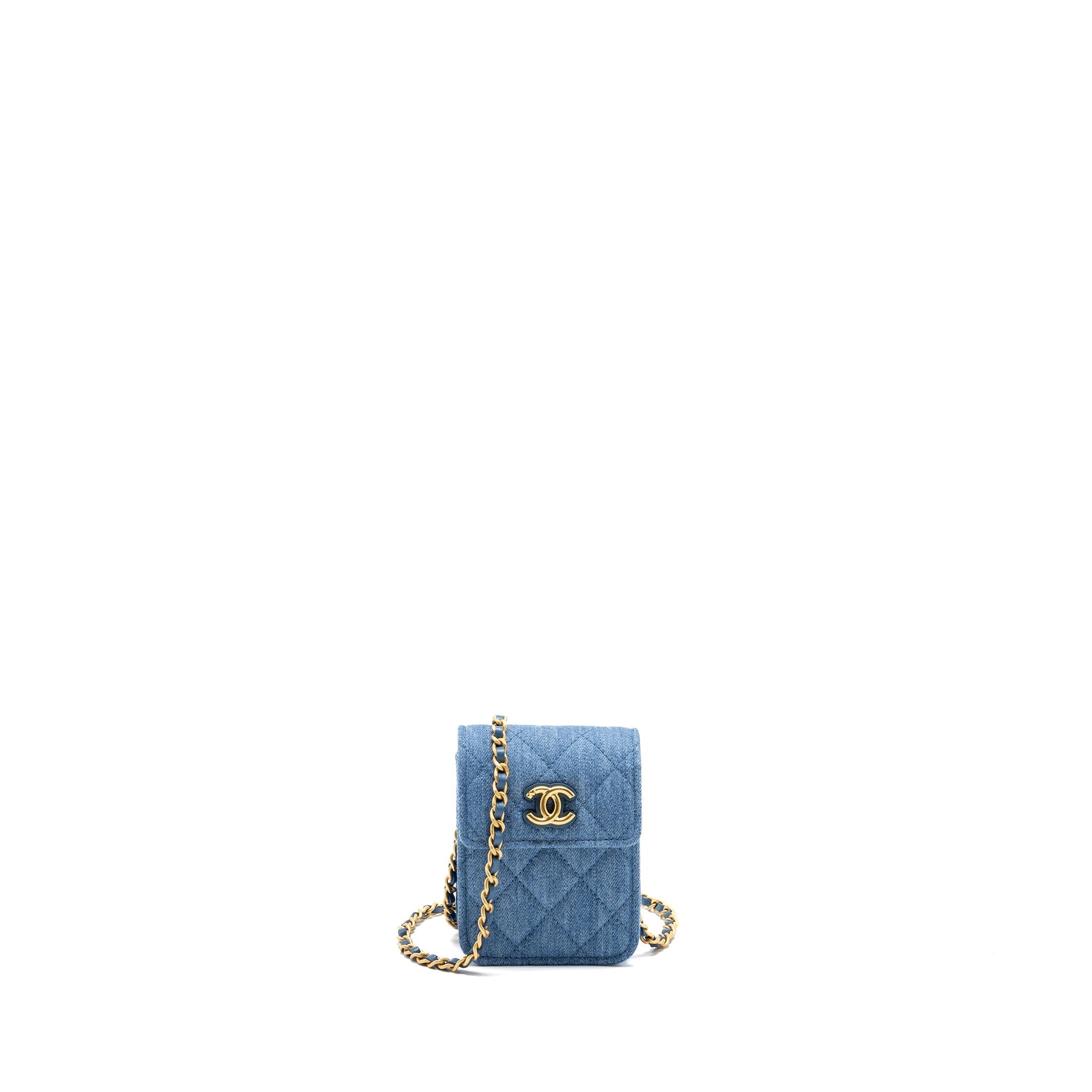 CHANEL Mini Vertical Flap Clutch With Chain Denim Blue  (microchip)