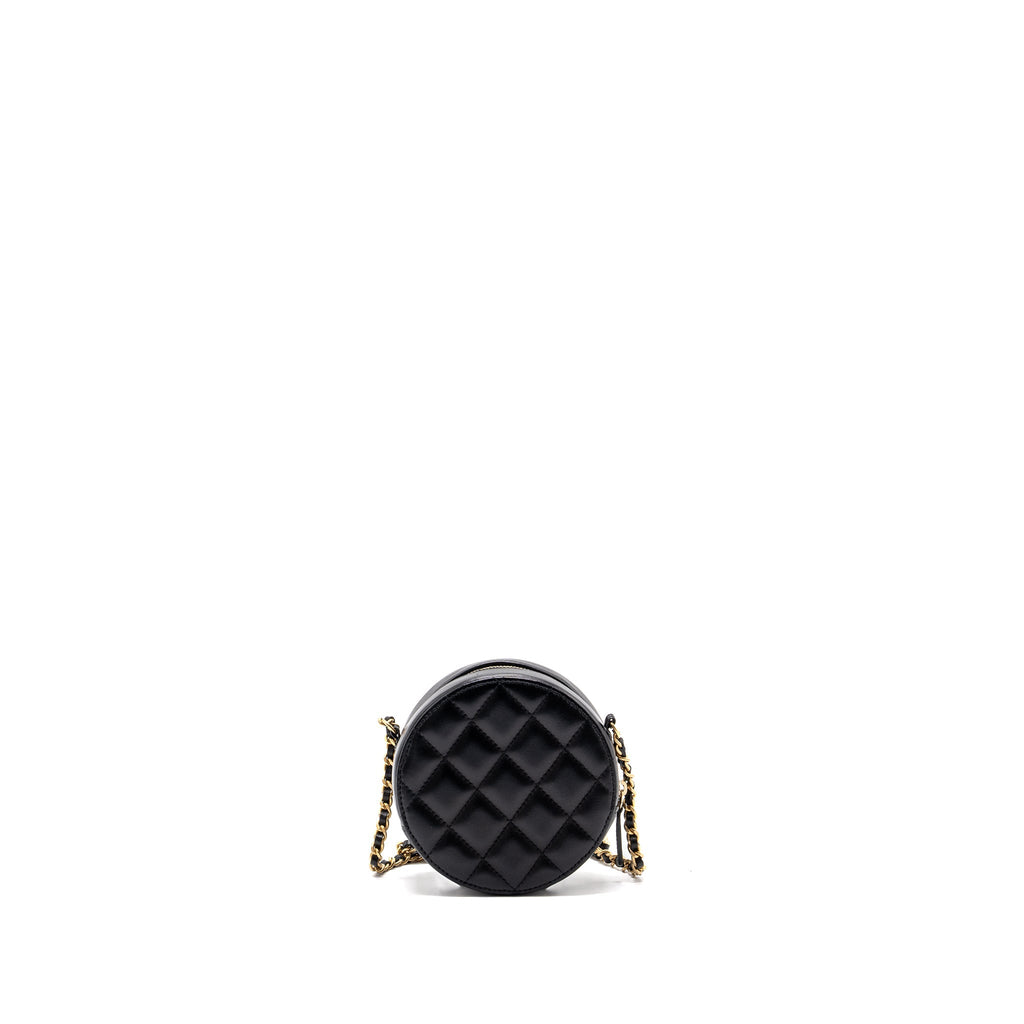 Chanel Limited Edition Charm Round Clutch With Chain Lambskin Black
