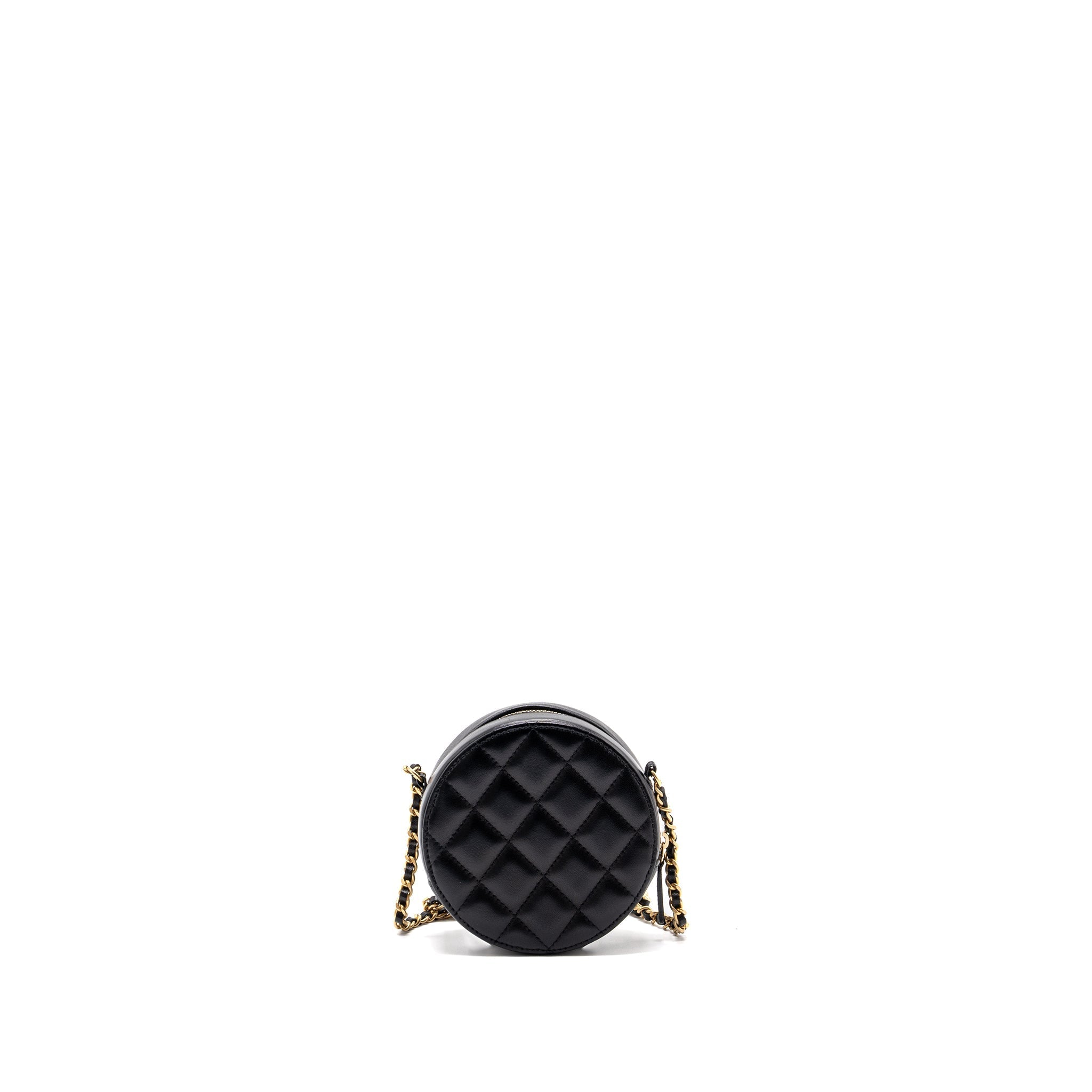 Chanel Limited Edition Charm Round Clutch With Chain Lambskin Black