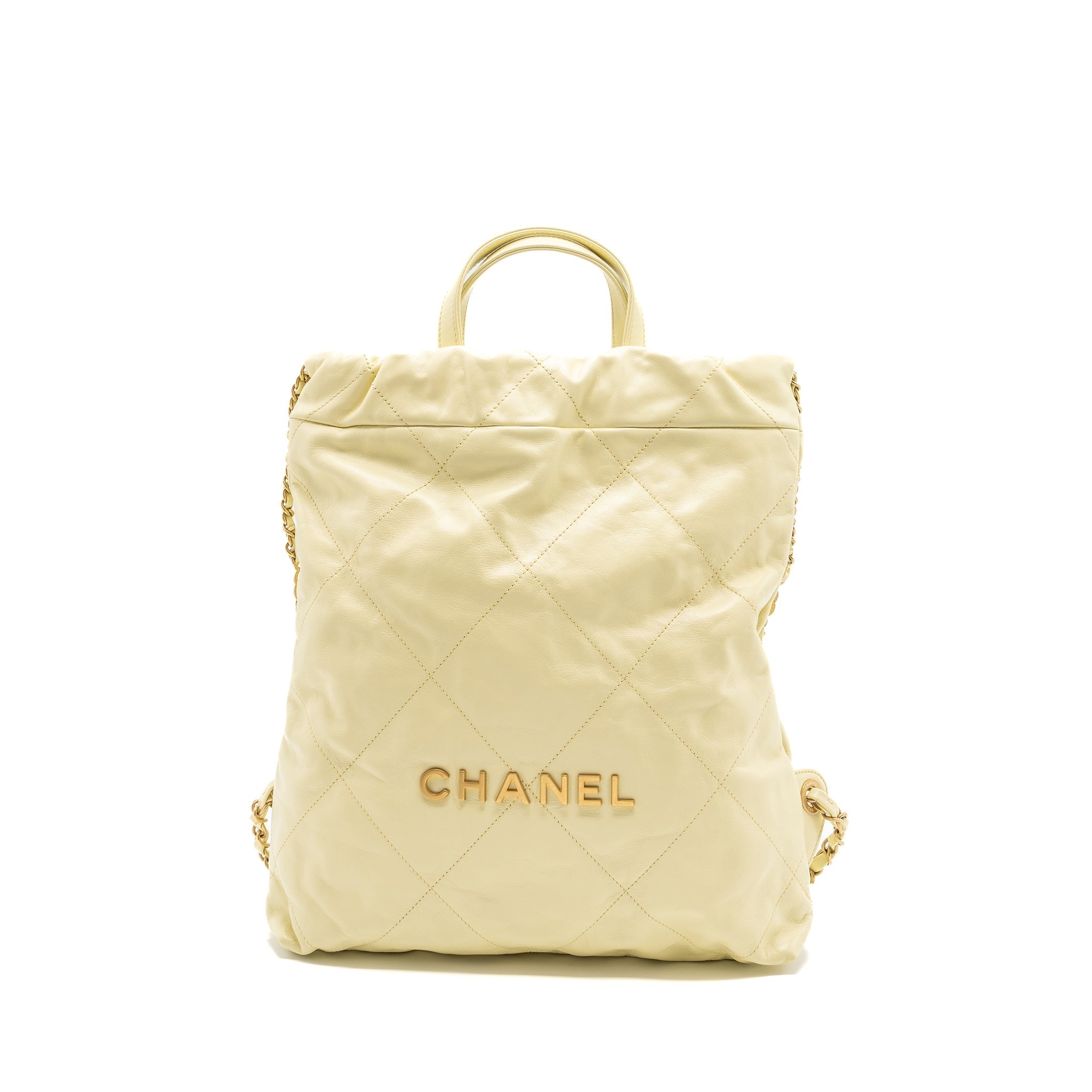 Chanel 23P Small 22 Backpack Shiny Calfskin Light Yellow Brushed (Microchip)