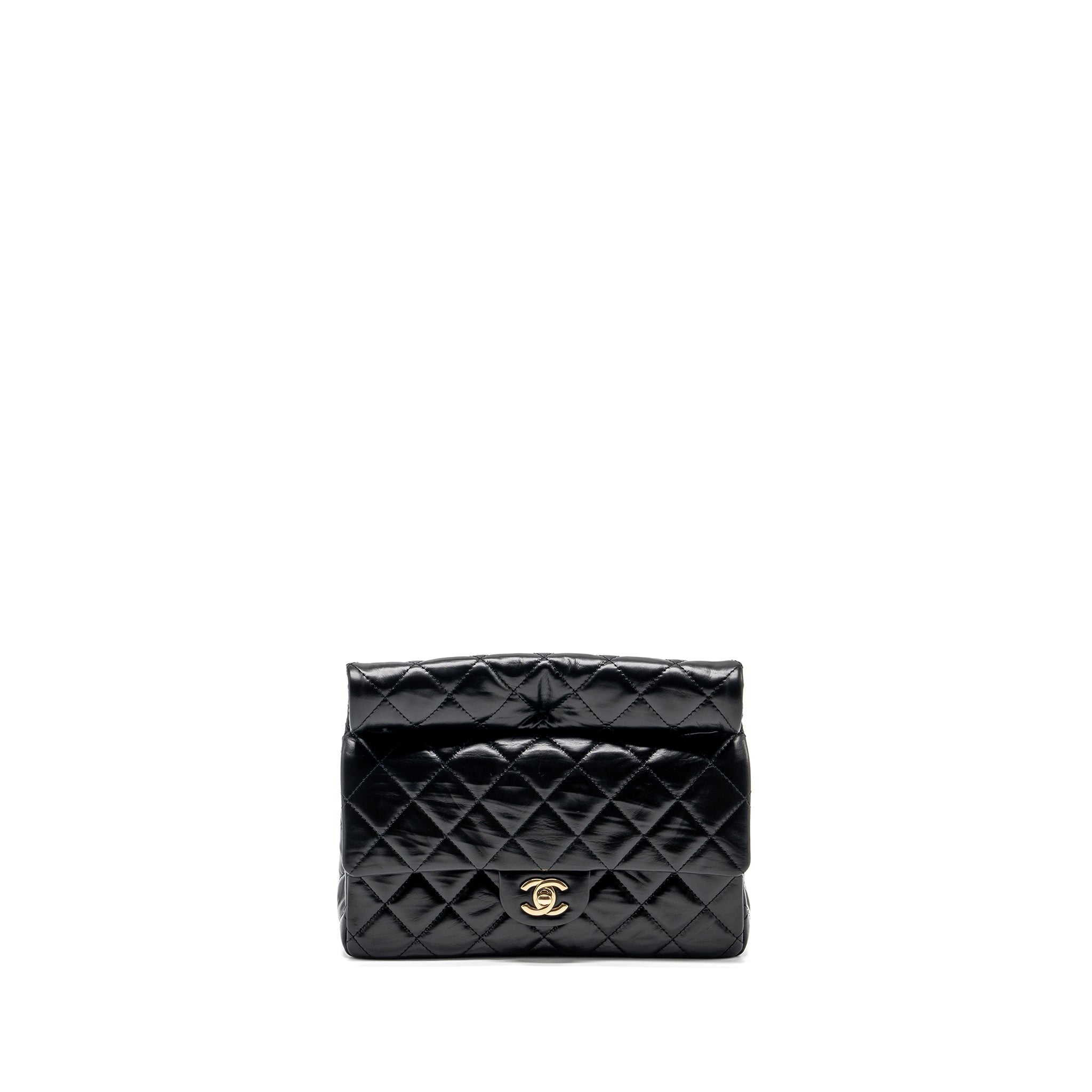 Chanel 23A classic flap clutch shiny calfskin black L (microchip)