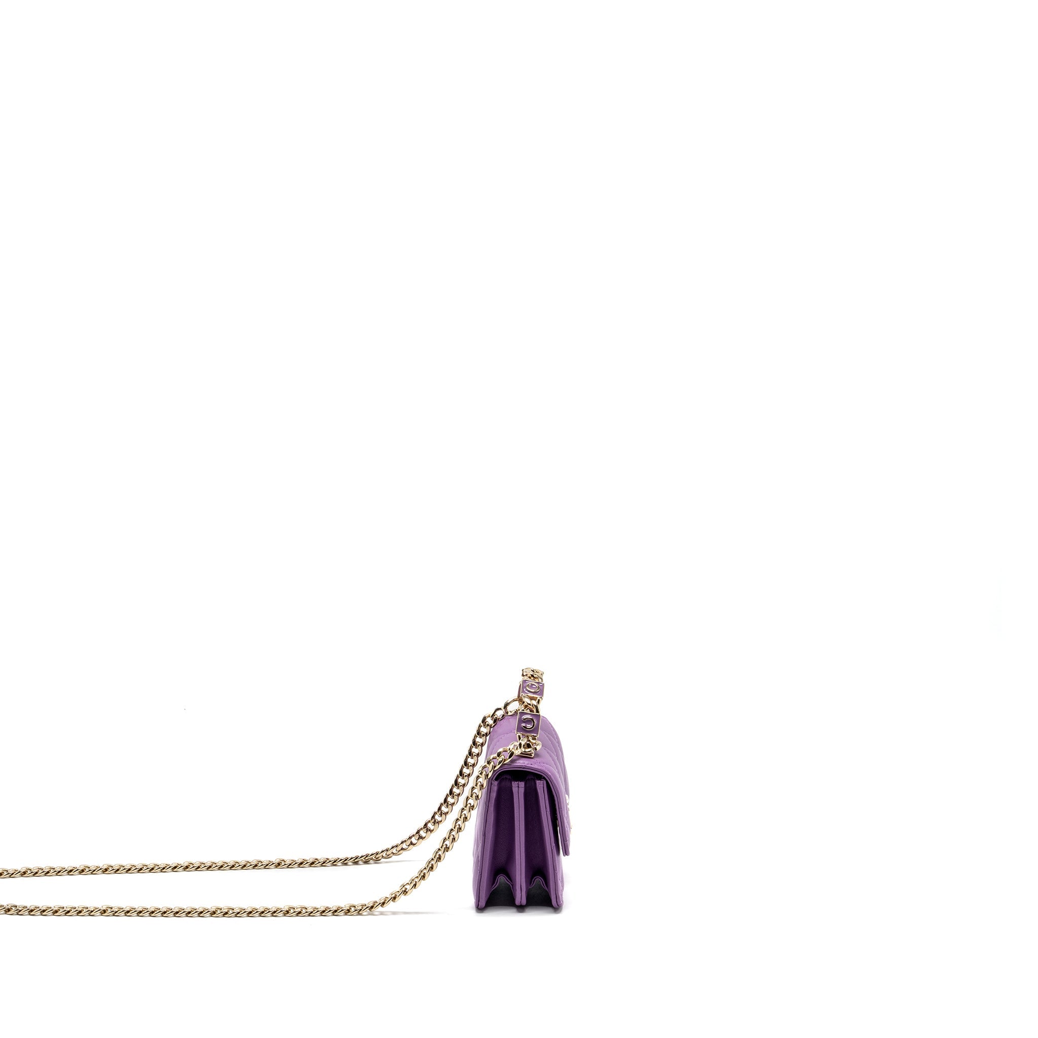 Chanel detailed top handle flap mini clutch with chain lambskin purple L (microchip)