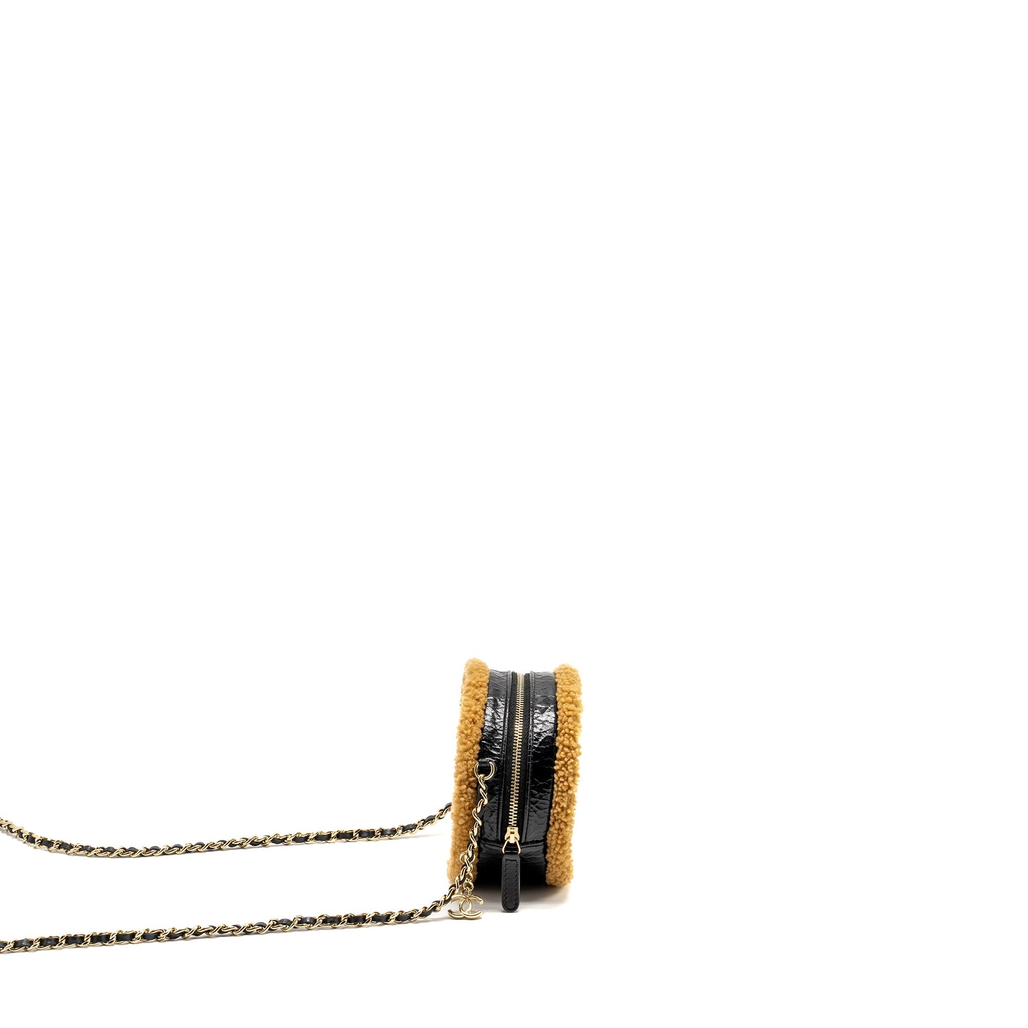 Chanel Shearling CC Round Clutch with Chain Shiny Crumpled Sheepskin Black/Light Brown L