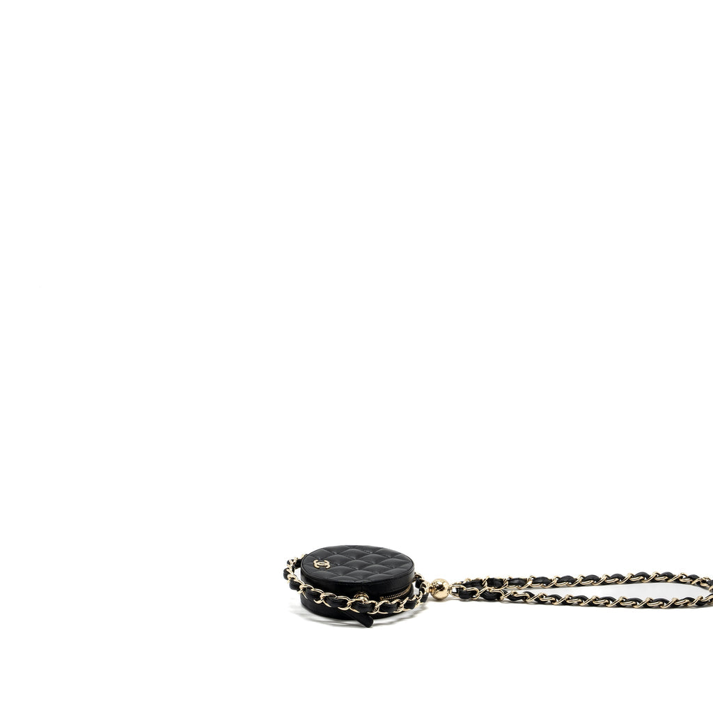 Chanel 22c Quilted Round Clutch With Chain Lambskin Black L