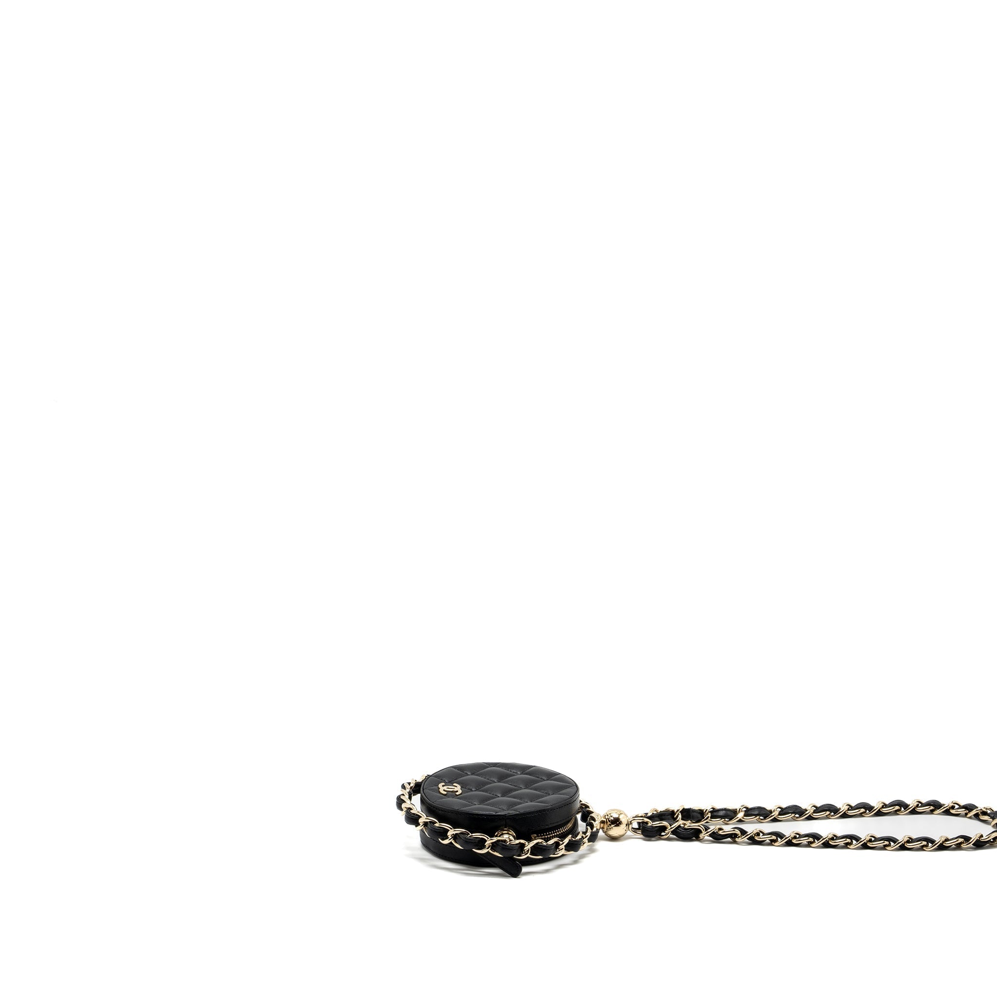 Chanel 22c Quilted Round Clutch With Chain Lambskin Black L