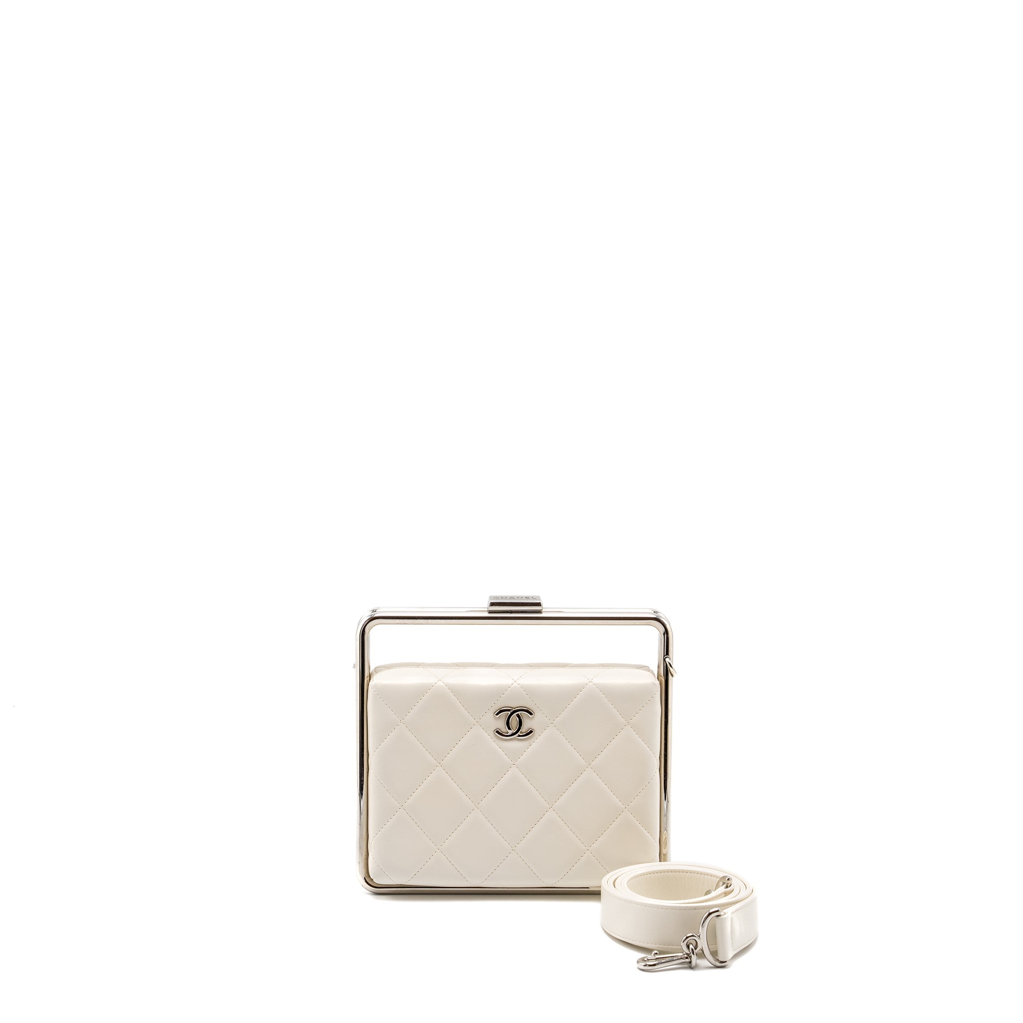 Chanel Metal Bar Clutch Bag Lambskin White