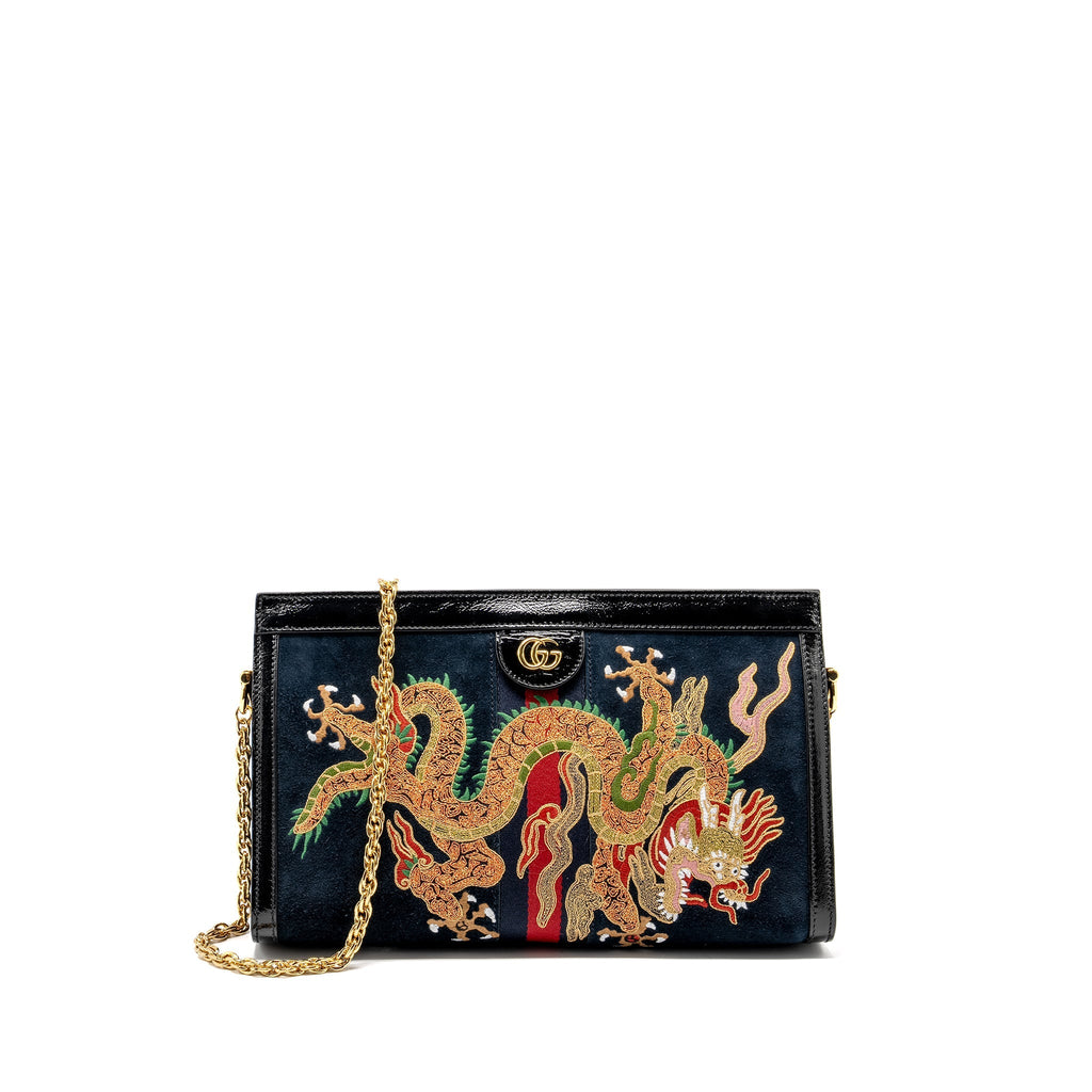 Gucci Ophidia Chain Bag Dragon Embroidered Suede Blue/Black/Multicolour
