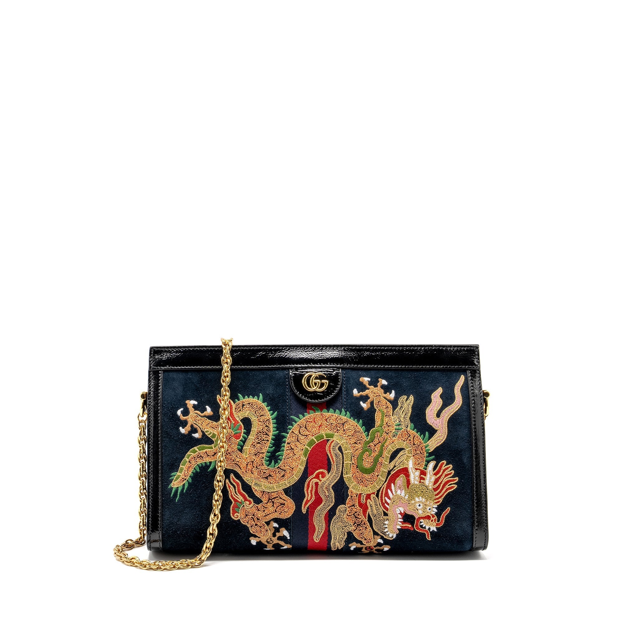 Gucci Ophidia Chain Bag Dragon Embroidered Suede Blue/Black/Multicolour
