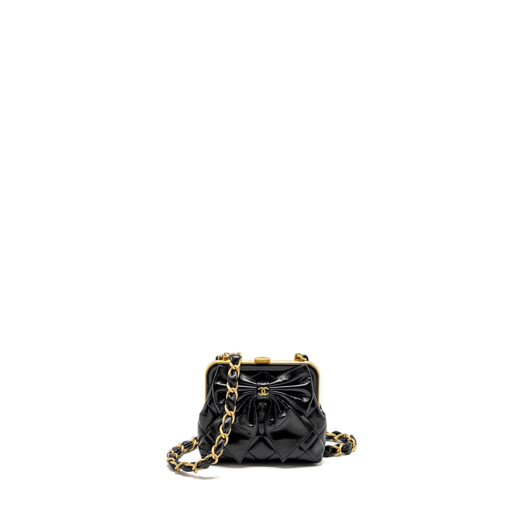 Chanel 24A Bowknot Clutch With Chain patent Crumpled Lambskin/Shiny Lambskin Black  (microchip)