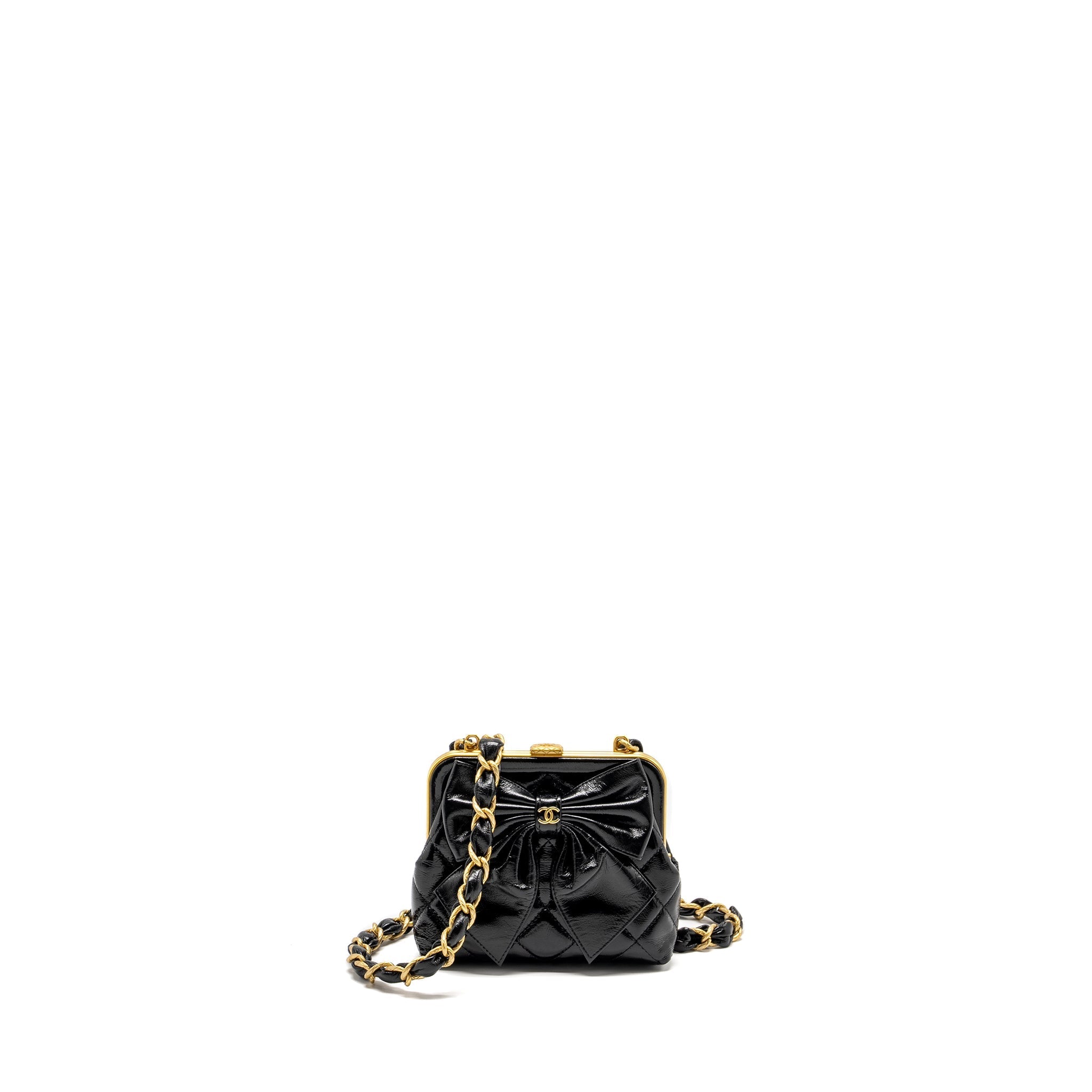 Chanel 24A Bowknot Clutch With Chain patent Crumpled Lambskin/Shiny Lambskin Black  (microchip)