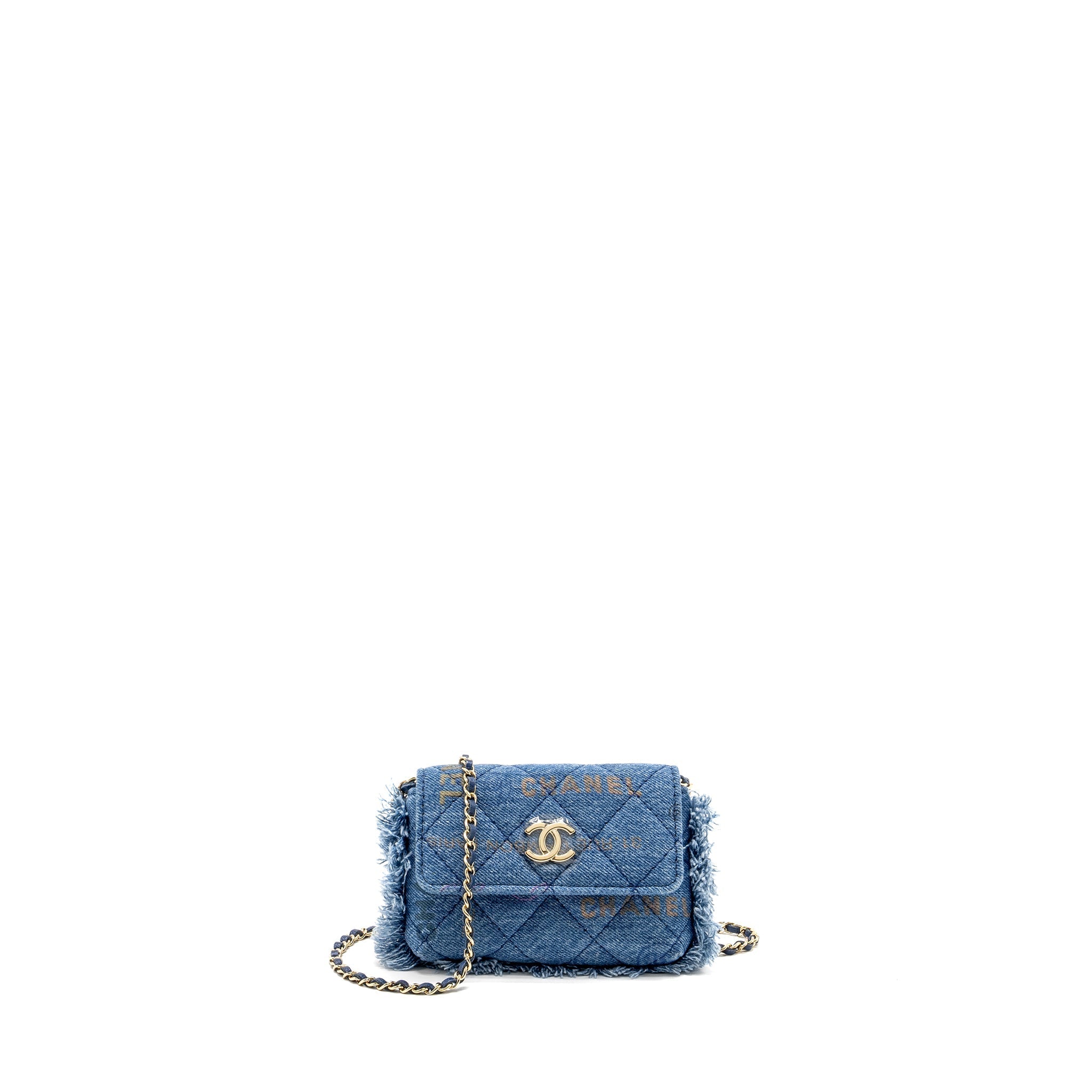 Chanel 22p Logo Printed Mini Clutch With Chain Denim Blue/Multicolour L