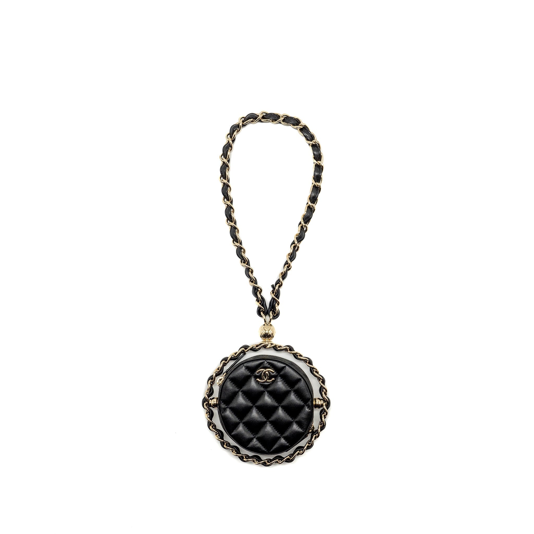 Chanel 22c Quilted Round Clutch With Chain Lambskin Black L