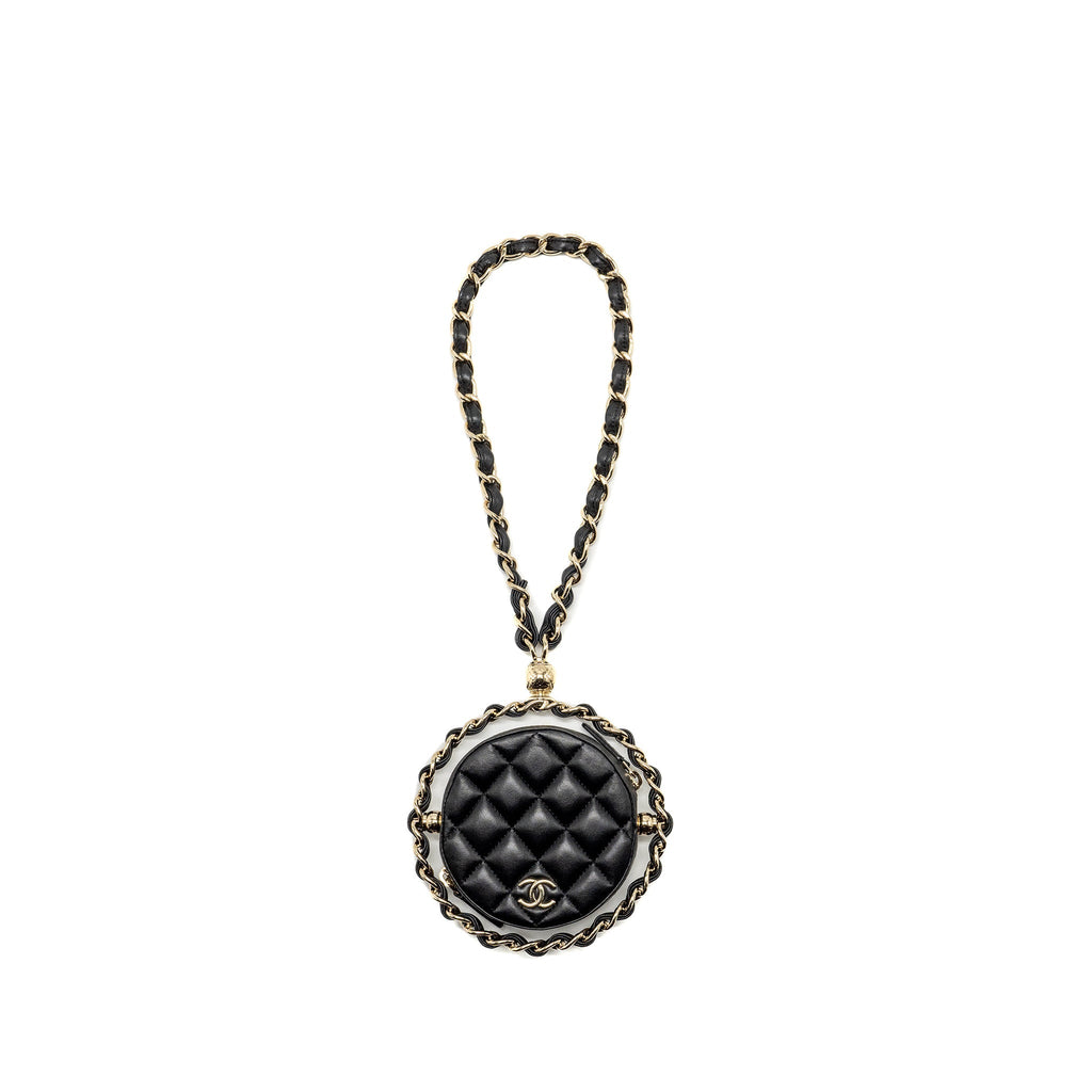 Chanel 22c Quilted Round Clutch With Chain Lambskin Black L