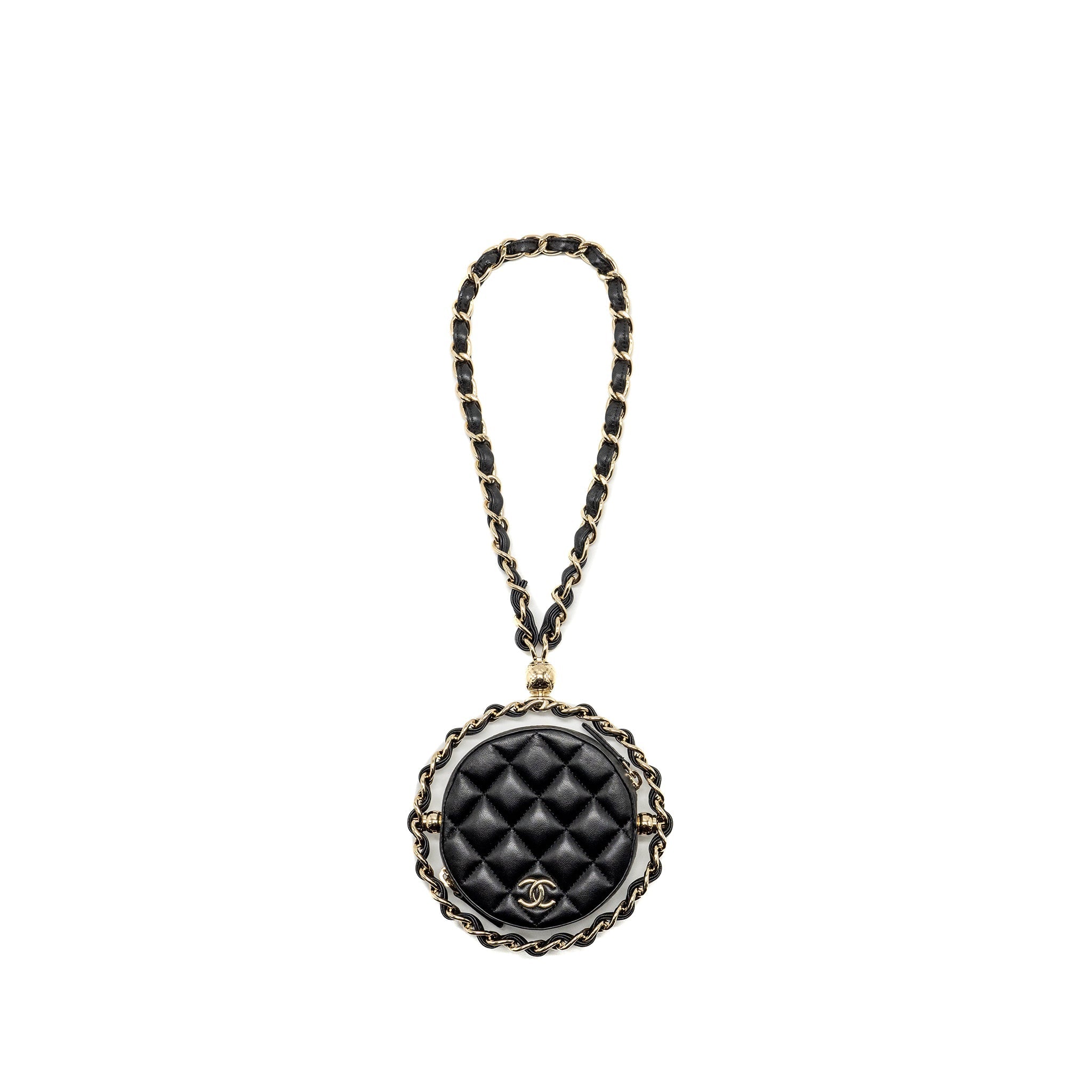 Chanel 22c Quilted Round Clutch With Chain Lambskin Black L