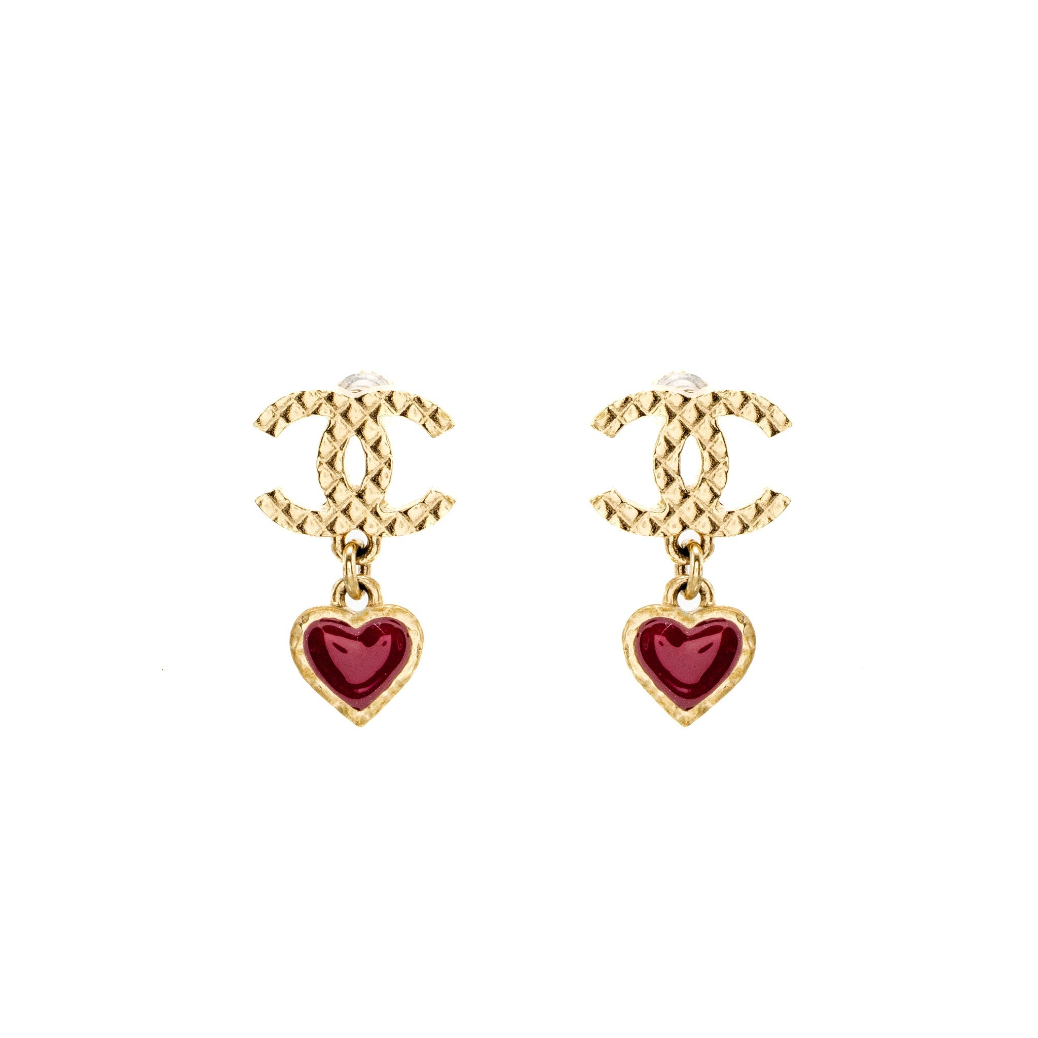 Chanel CC Heart Drop Earrings Light Gold Tone/ Purple