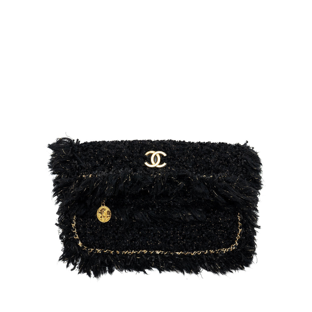 Chanel Fringe Paris Cosmopolite Clutch Tweed Black