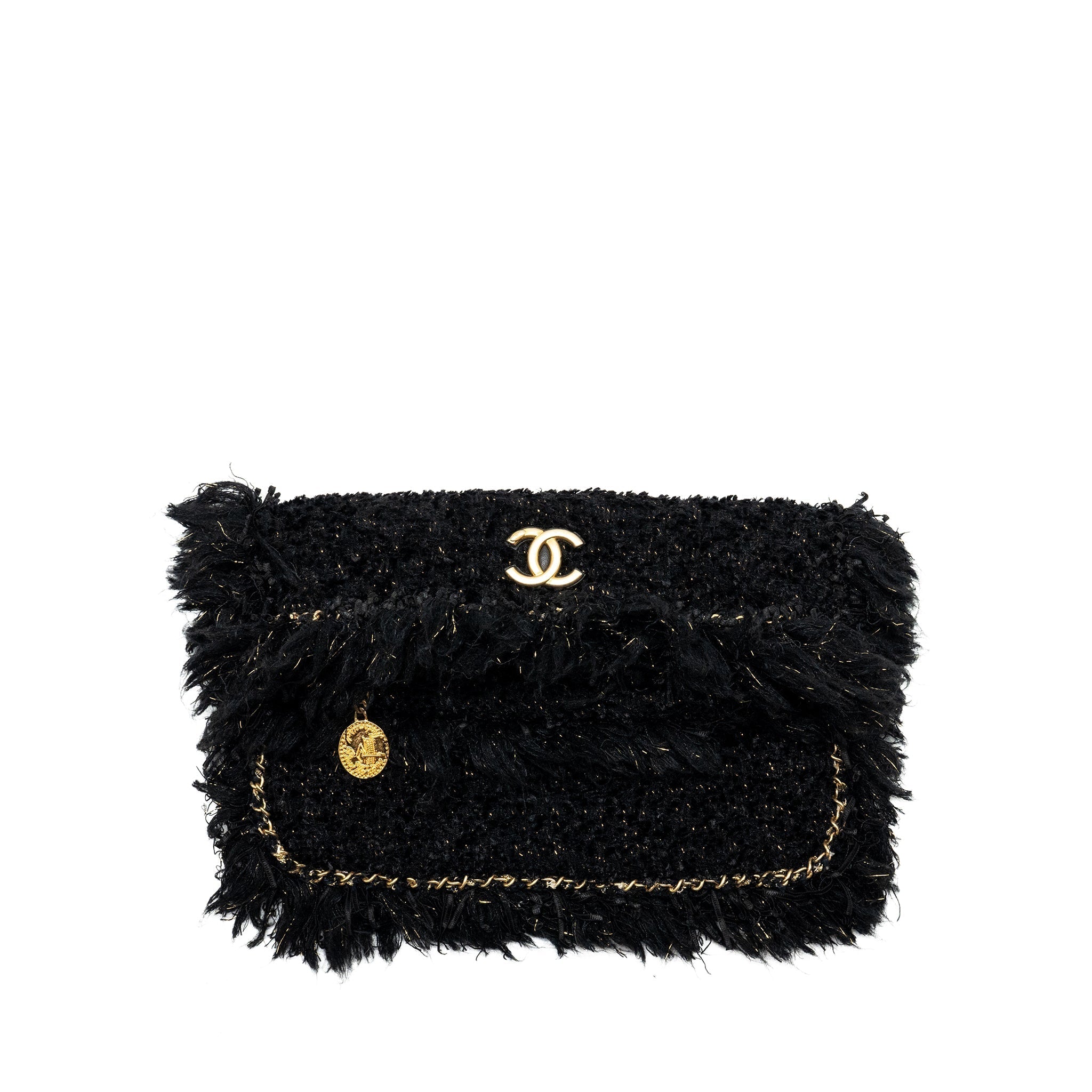 Chanel Fringe Paris Cosmopolite Clutch Tweed Black