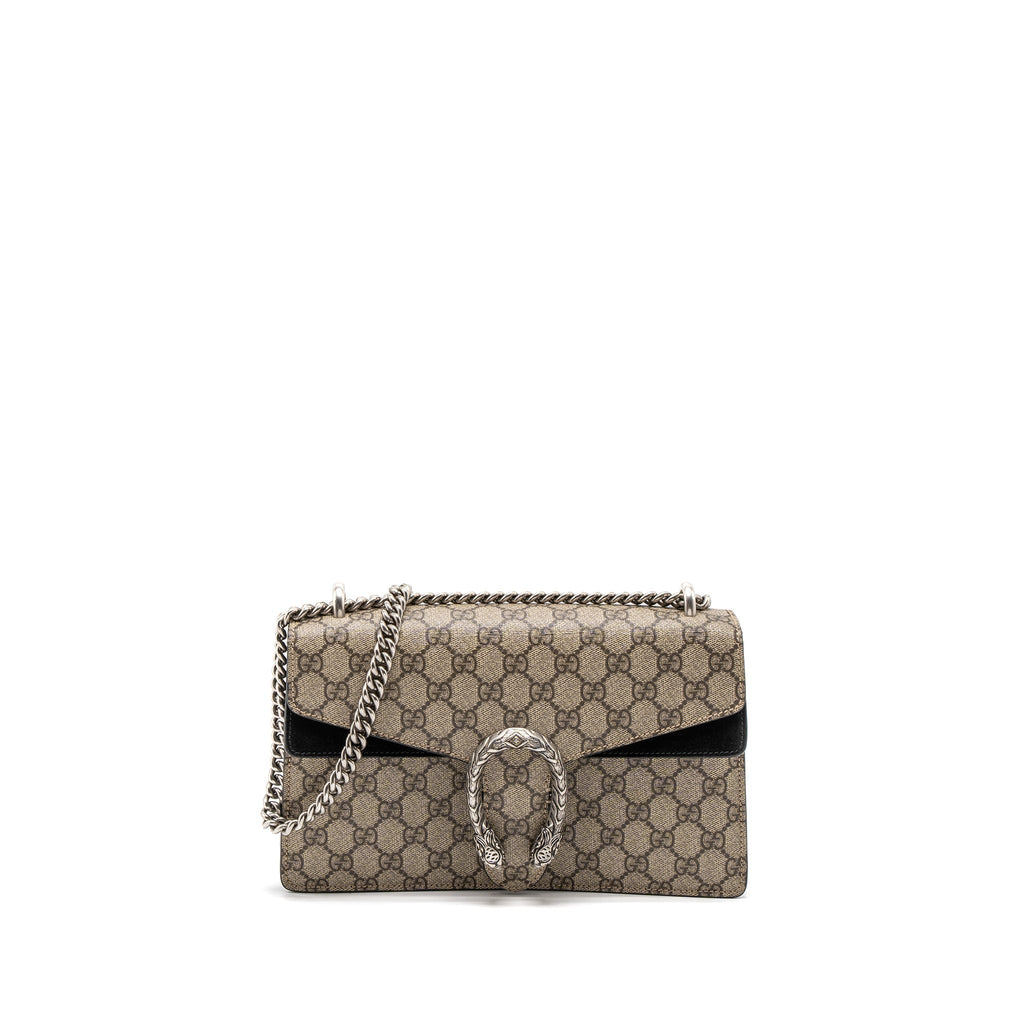 Gucci Dionysus Shoulder Bag GG Supreme Canvas Black/Brown Ruthenium Silver Hardware