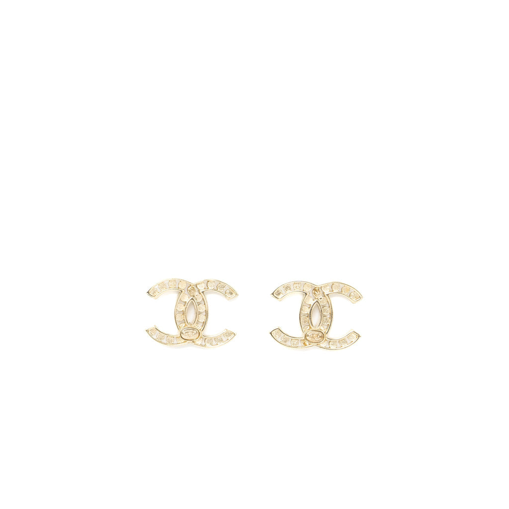 Chanel CC Logo Earrings Crystal Light Gold Tone