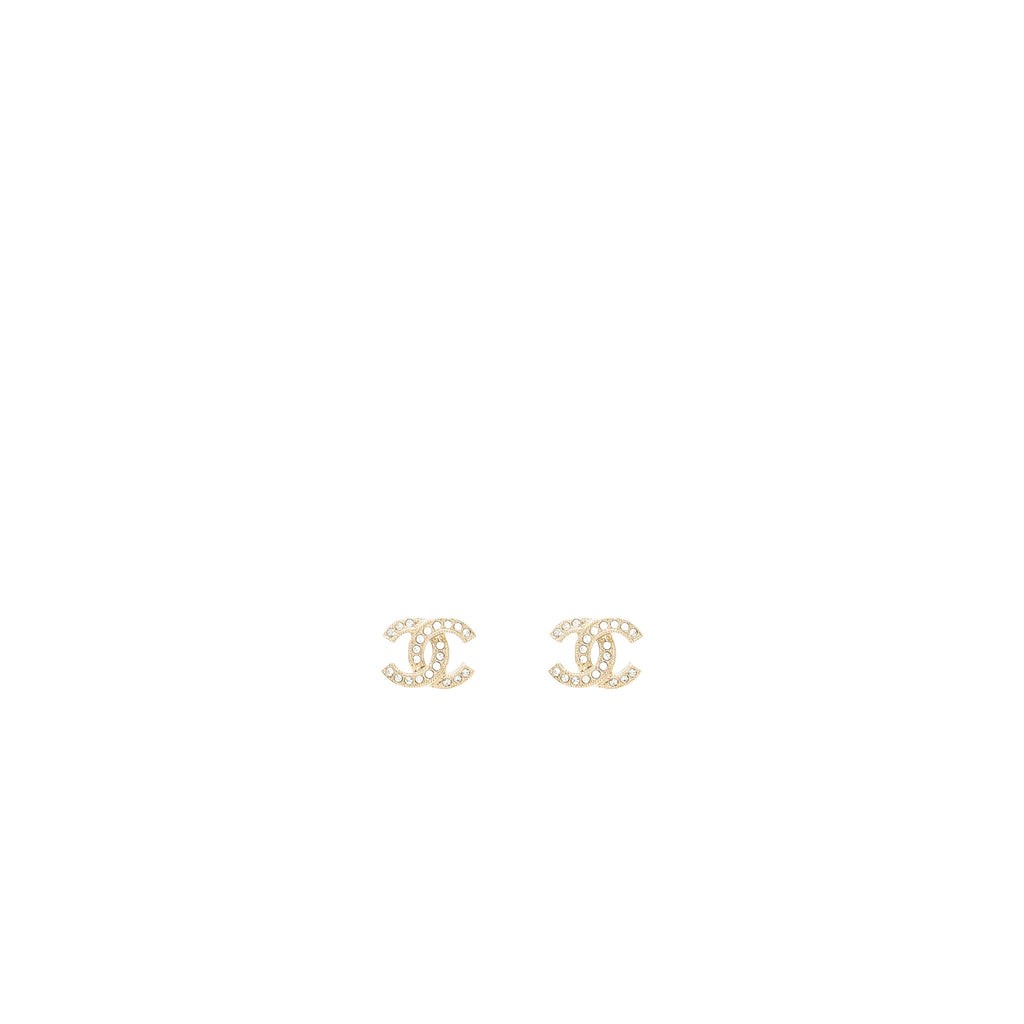Chanel Classic CC Logo Earrings Crystal Light Gold Tone