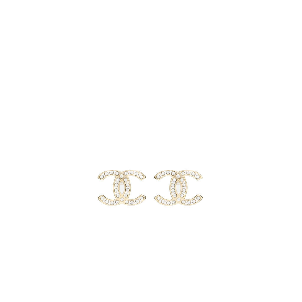 Chanel CC Logo Earrings Crystal Light Gold Tone