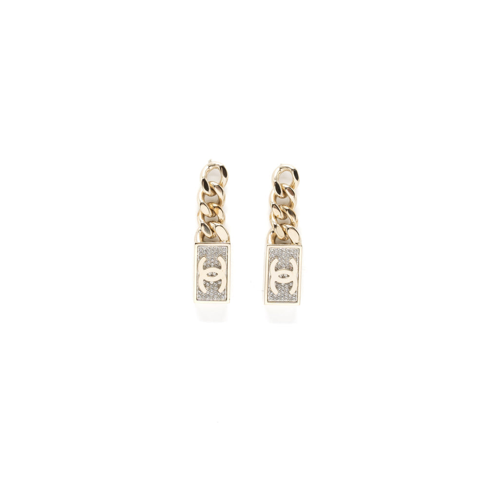 Chanel CC Logo Drop Earrings Crystal Gold Tone