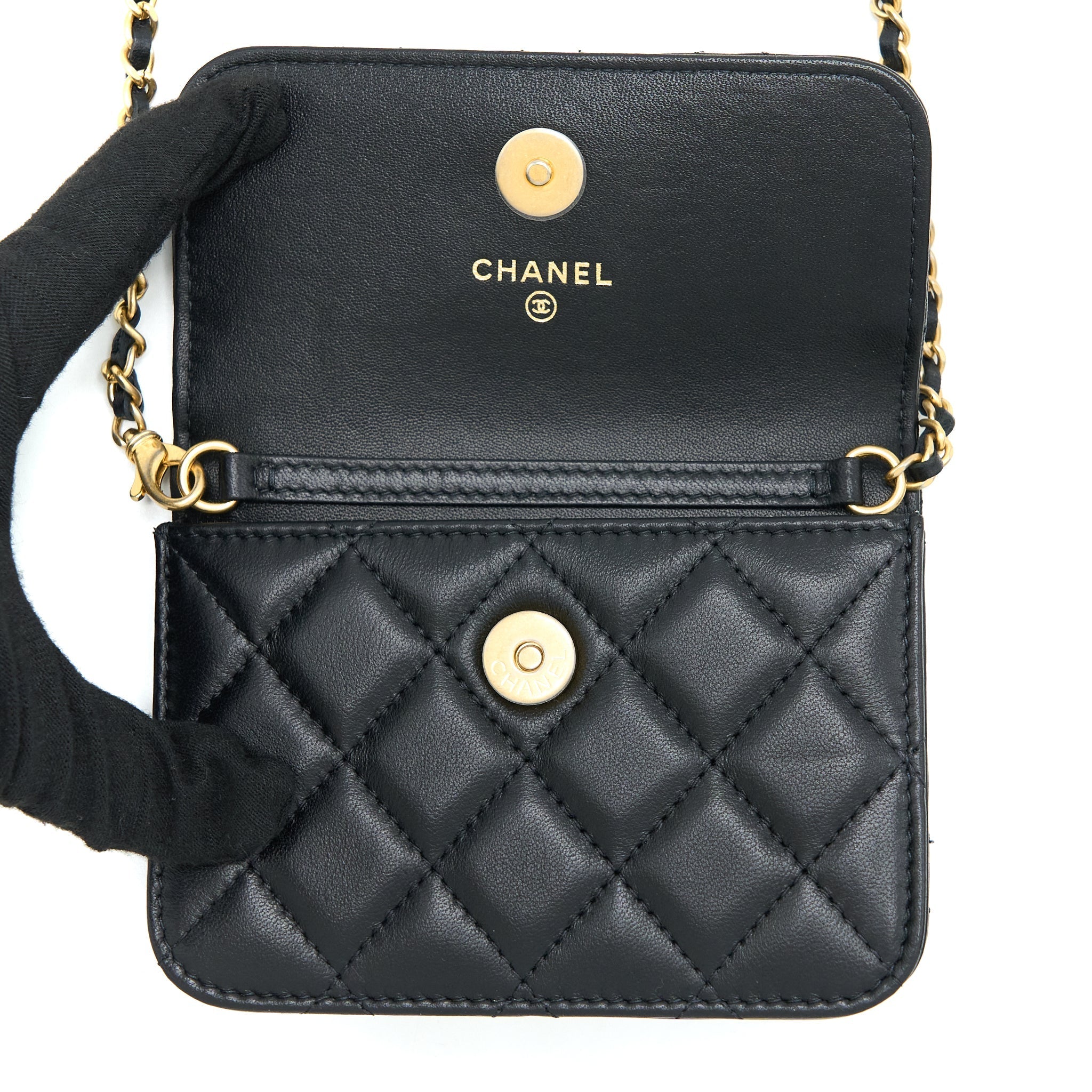 Chanel Pearl Crush Mini Flap Belt Bag with Chain Lambskin Black Brushed