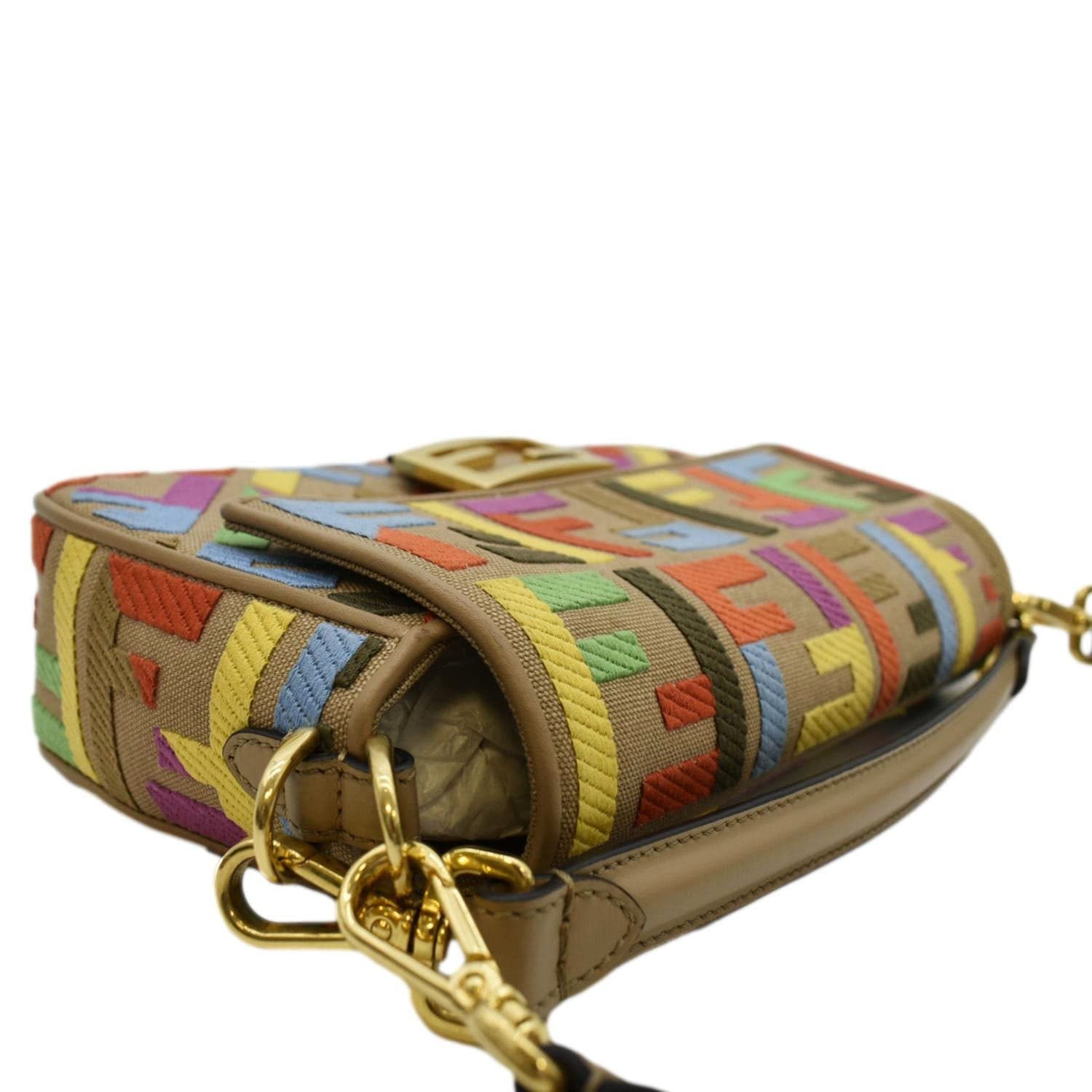 FENDI Vitello King FF Embroidered Baguette Canvas Shoulder Bag Cuoio
