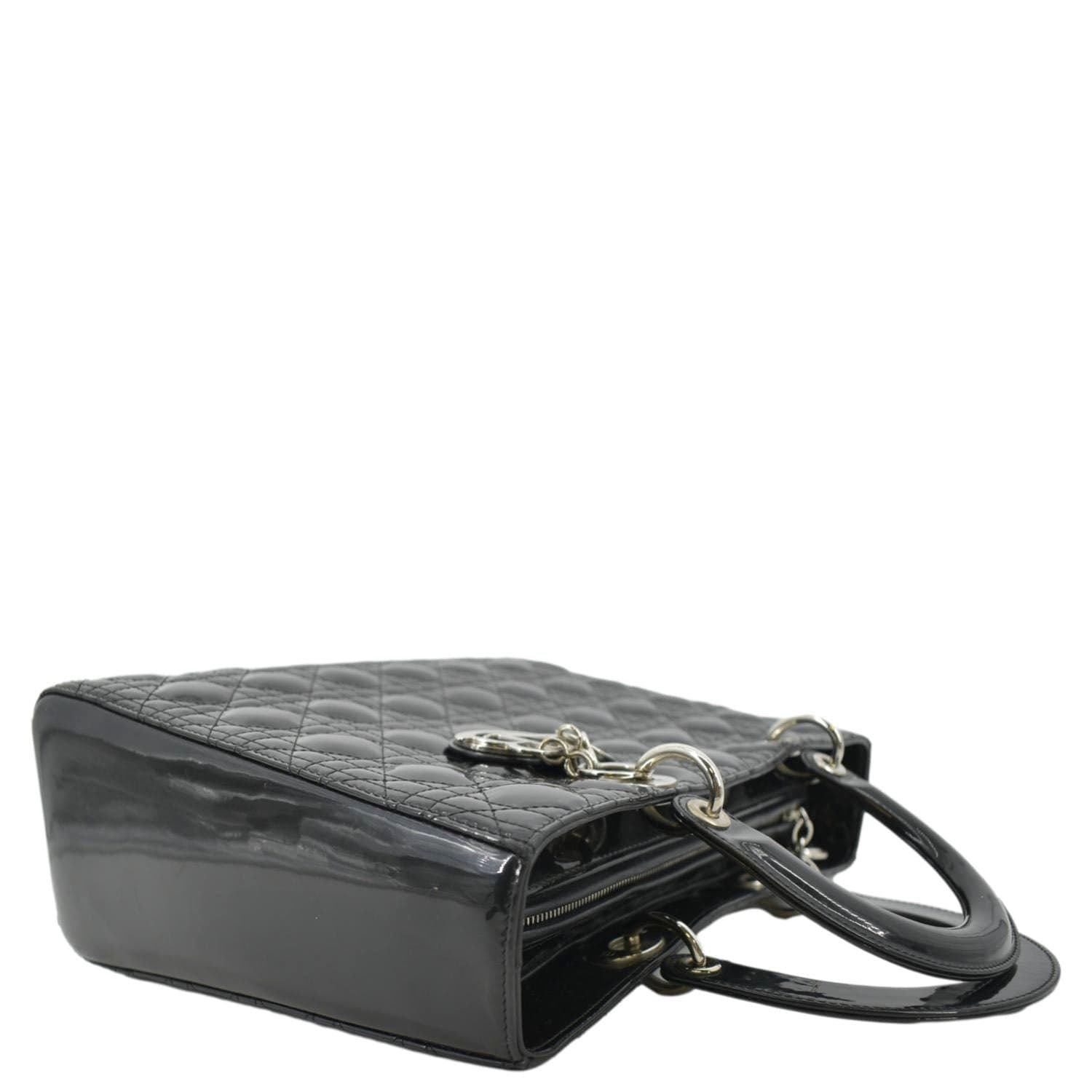 CHRISTIAN DIOR Lady Dior Large Quilted Patent Leather Shoulder Bag Black