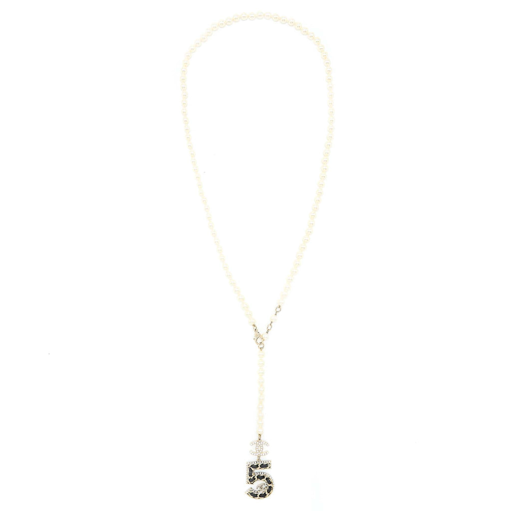 Chanel Size 85 No.5 Pearl Belt Leather/Pearl/Crystal Light Gold Tone