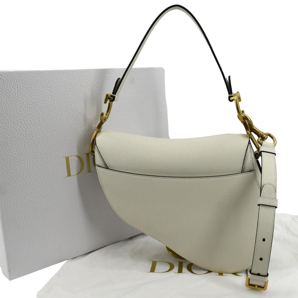 CHRISTIAN DIOR Saddle Grained Calfskin Leather Shoulder Bag Ivory