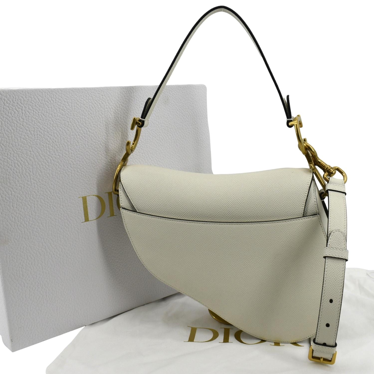 CHRISTIAN DIOR Saddle Grained Calfskin Leather Shoulder Bag Ivory