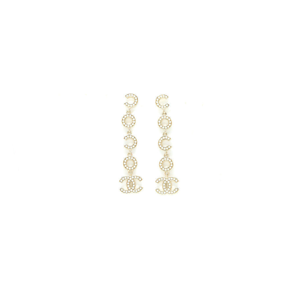 Chanel Coco Letter Drop Earrings Light Gold Tone