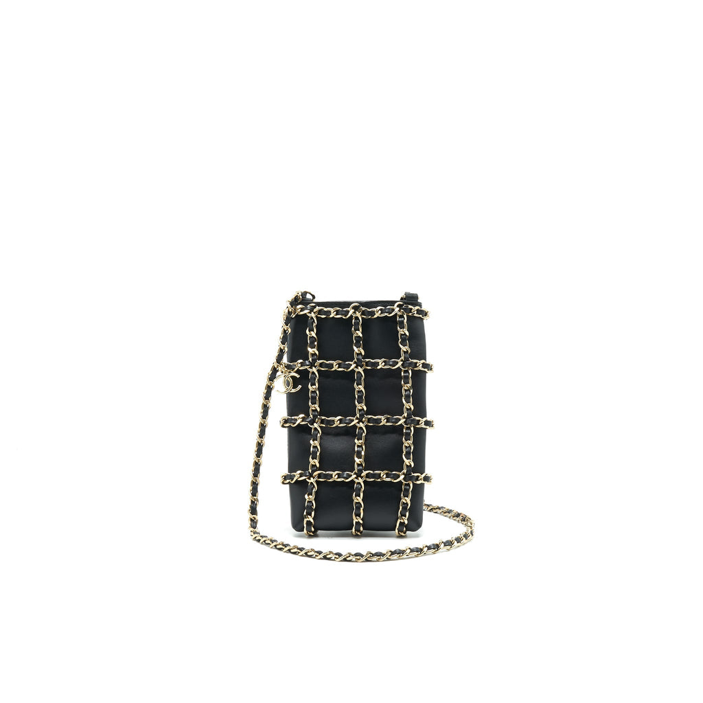 Chanel Gold Clutch O Chain Phone Holder black