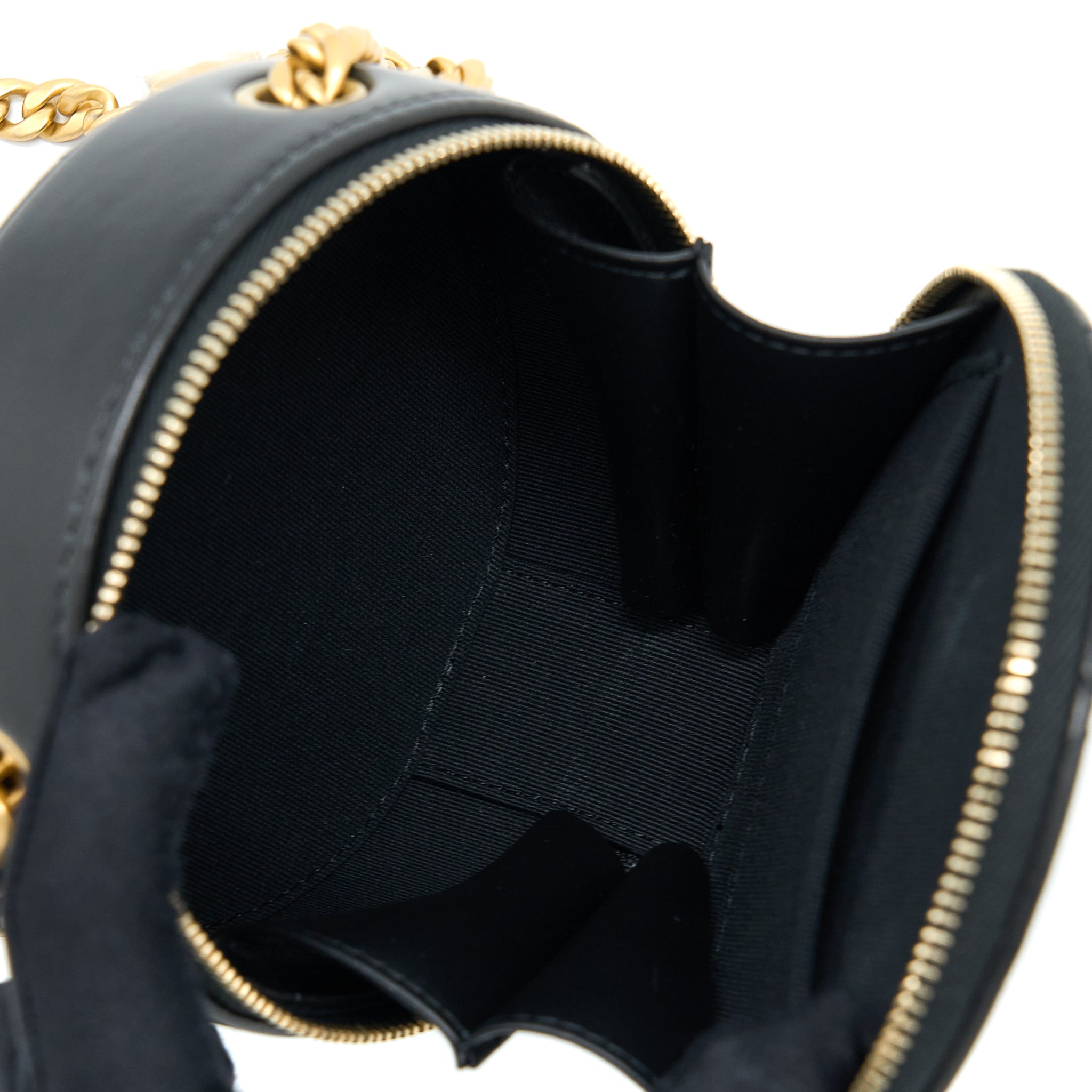 Chanel 22K Gold Pillar Round Clutch With Chain Lambskin Black Brushed