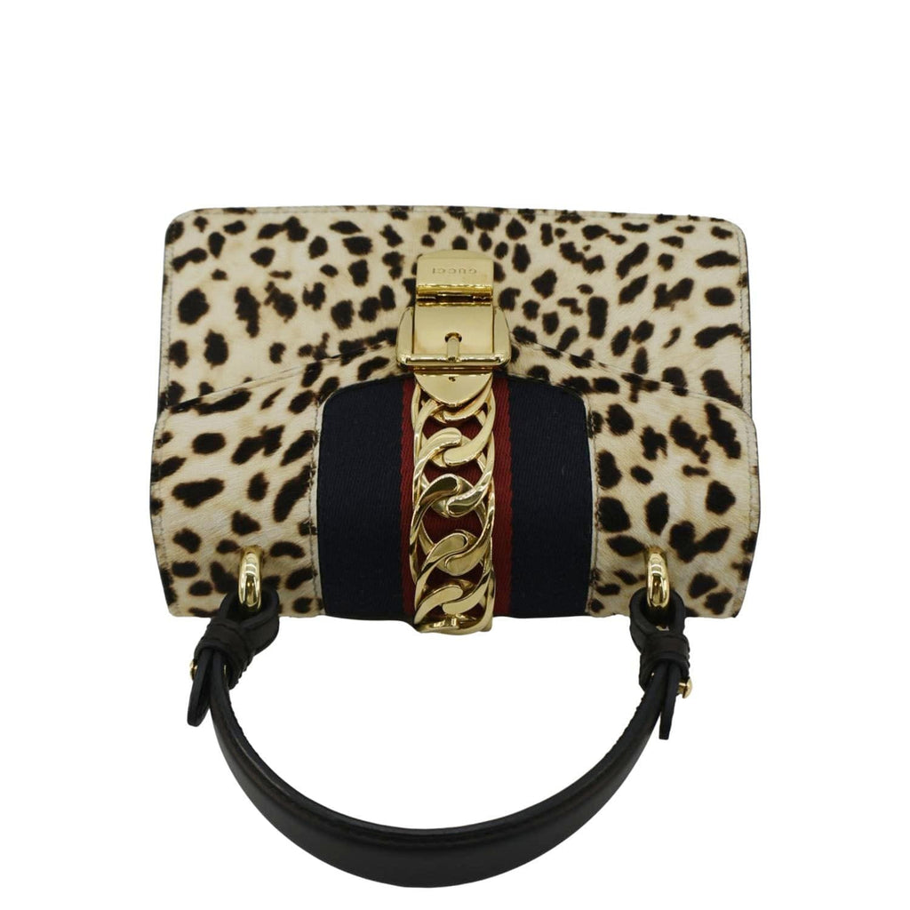 GUCCI Leopard Print Sylvie Mini Calf Hair Top Handle Shoulder Bag Beige 470270