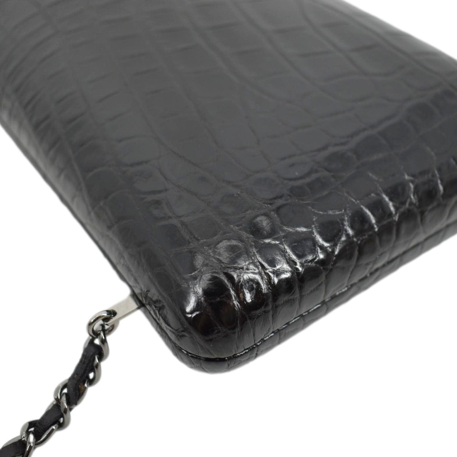 CHANEL Chain Alligator Leather Clutch Bag Black