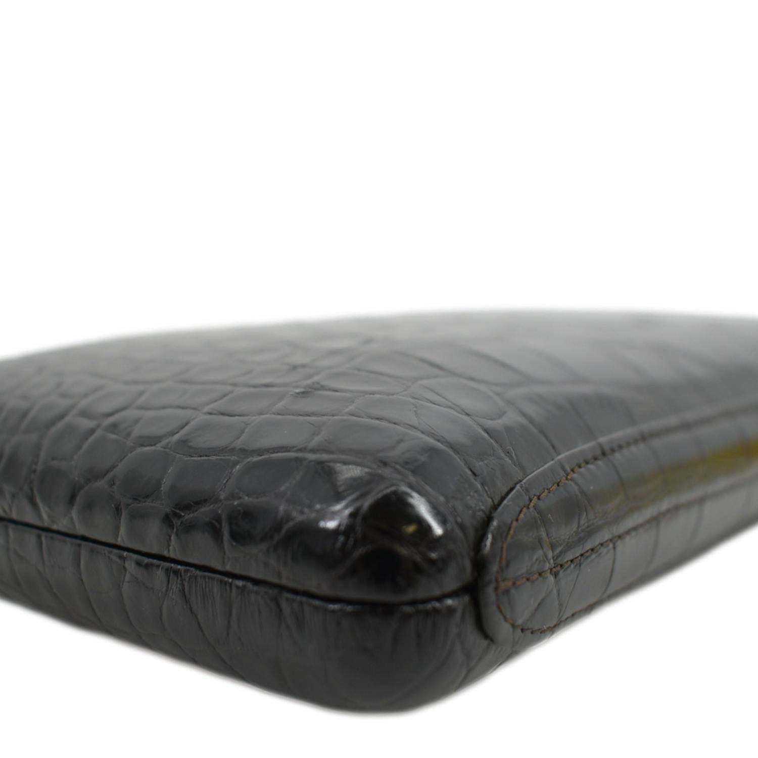 CHANEL Chain Alligator Leather Clutch Bag Black