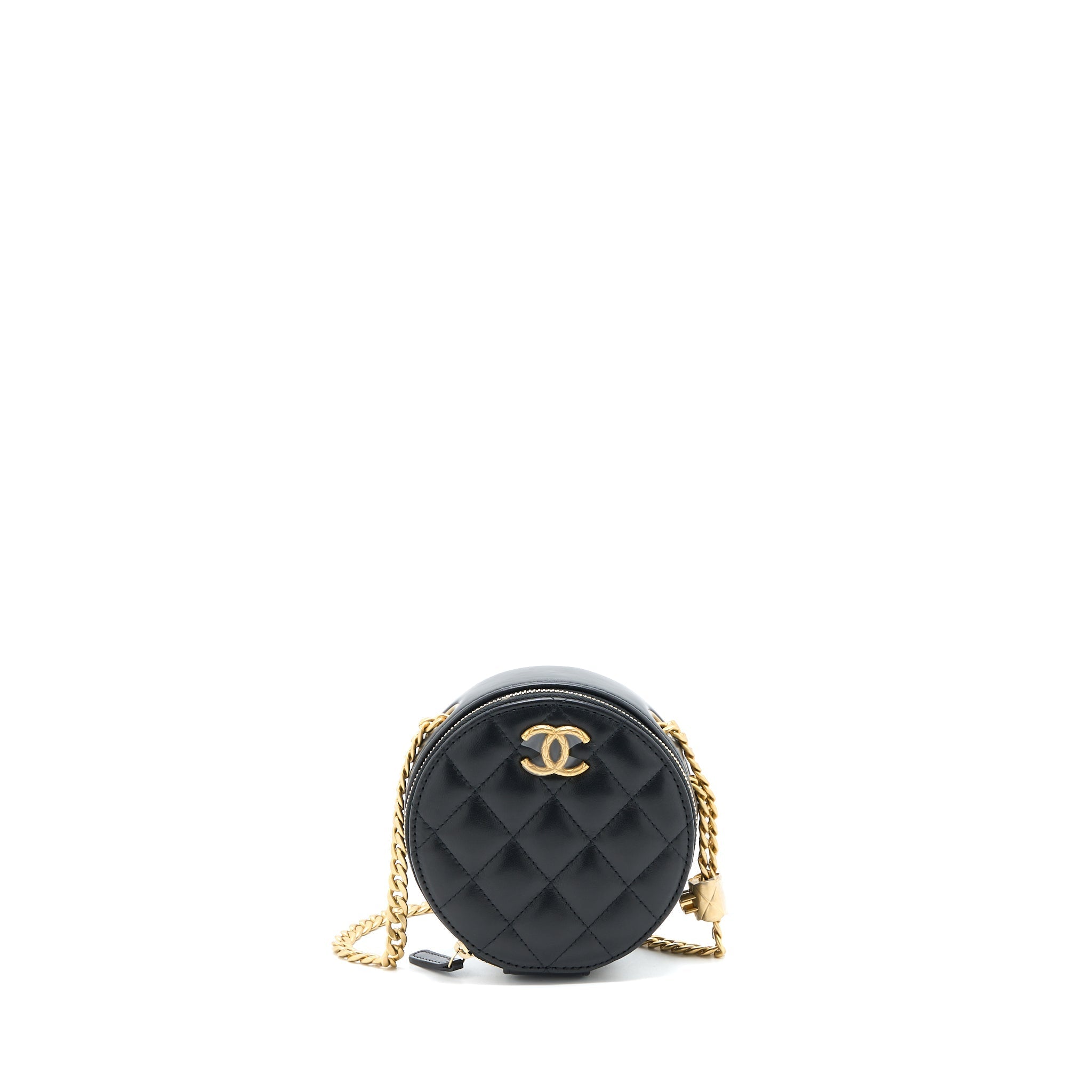 Chanel 22K Gold Pillar Round Clutch With Chain Lambskin Black Brushed