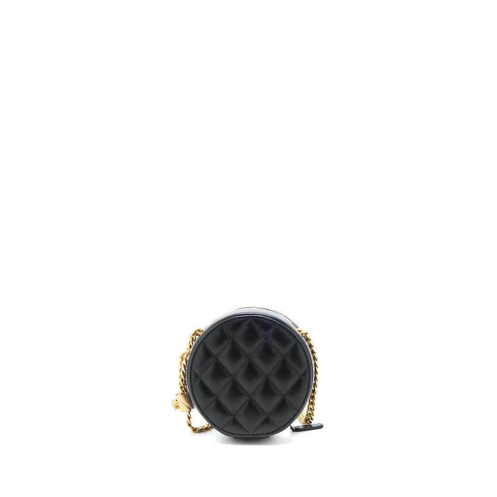 Chanel 22K Gold Pillar Round Clutch With Chain Lambskin Black Brushed