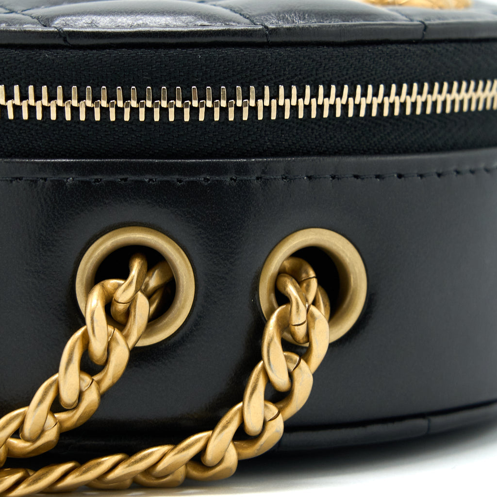 Chanel 22K Gold Pillar Round Clutch With Chain Lambskin Black Brushed