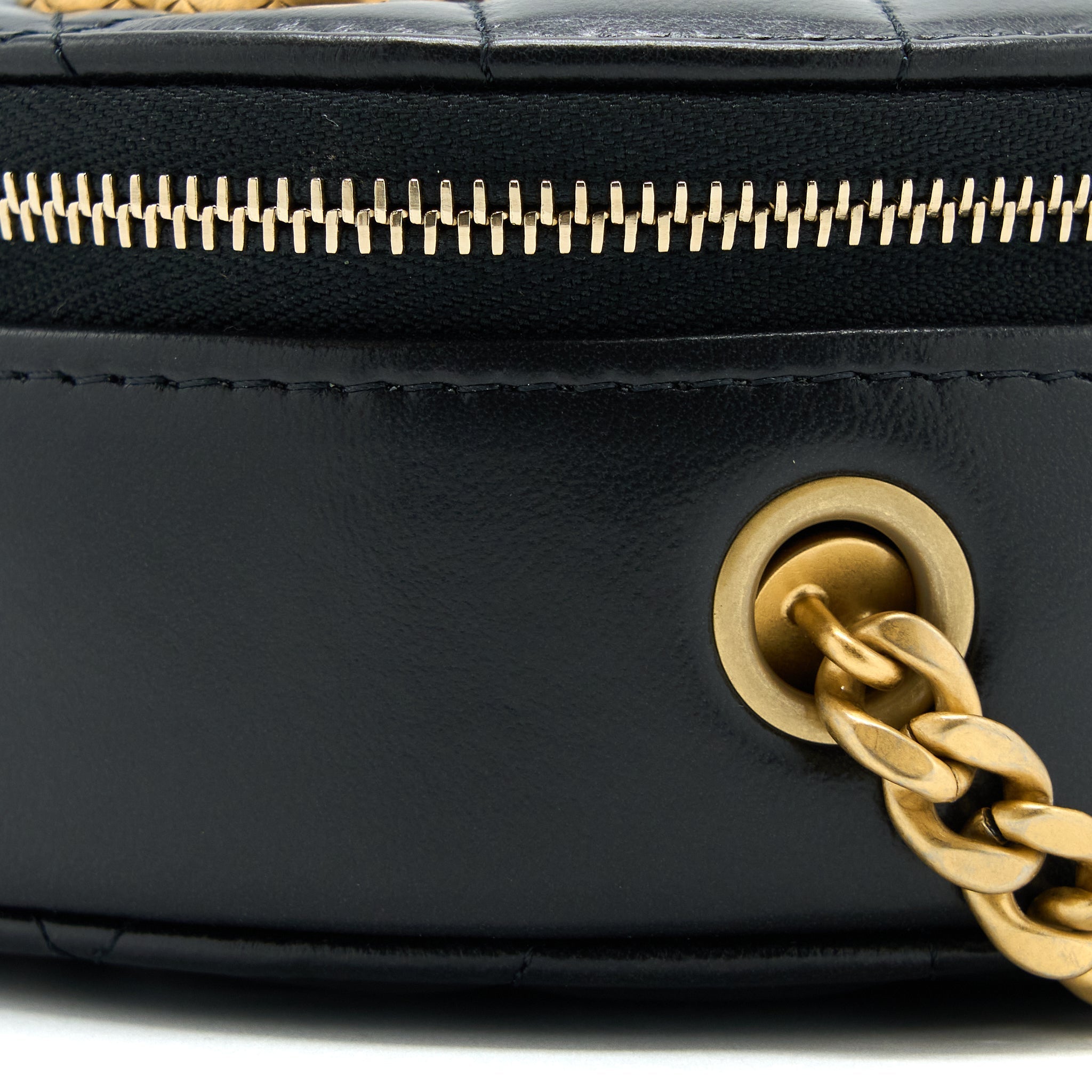 Chanel 22K Gold Pillar Round Clutch With Chain Lambskin Black Brushed