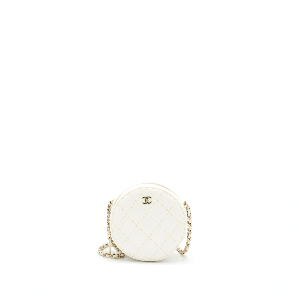 Chanel mini round Bag with Chain Caviar White L