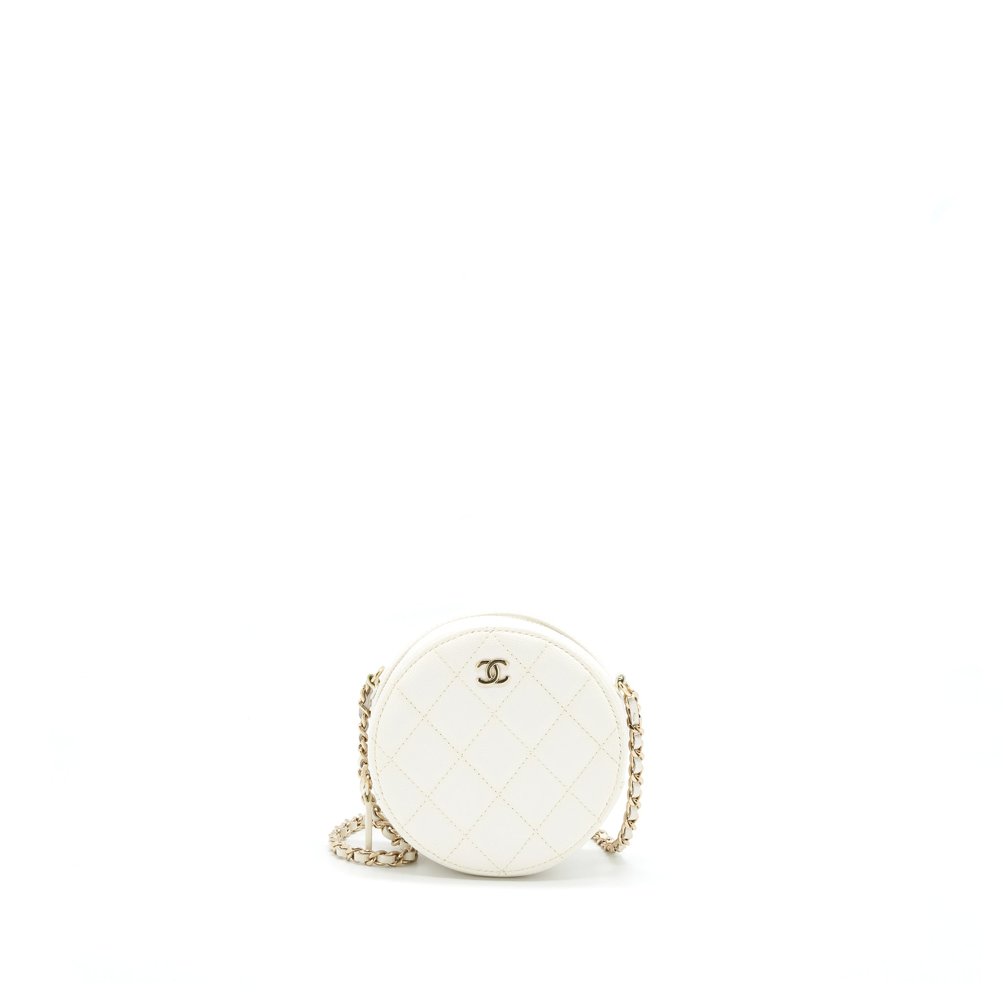 Chanel mini round Bag with Chain Caviar White L