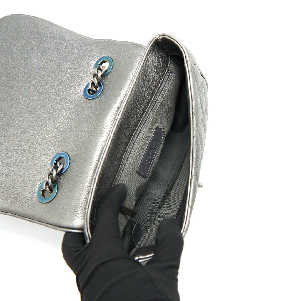 Chanel CC Logo Quilted Calfskin Flap Bag In Metallic Dark Grey