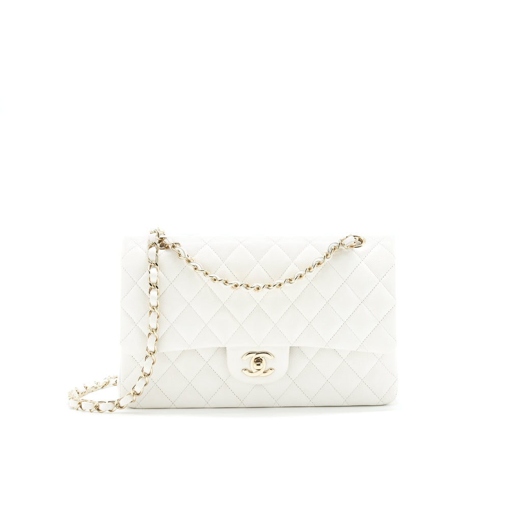 Chanel Medium Classic Double flap Bag Caviar White with L