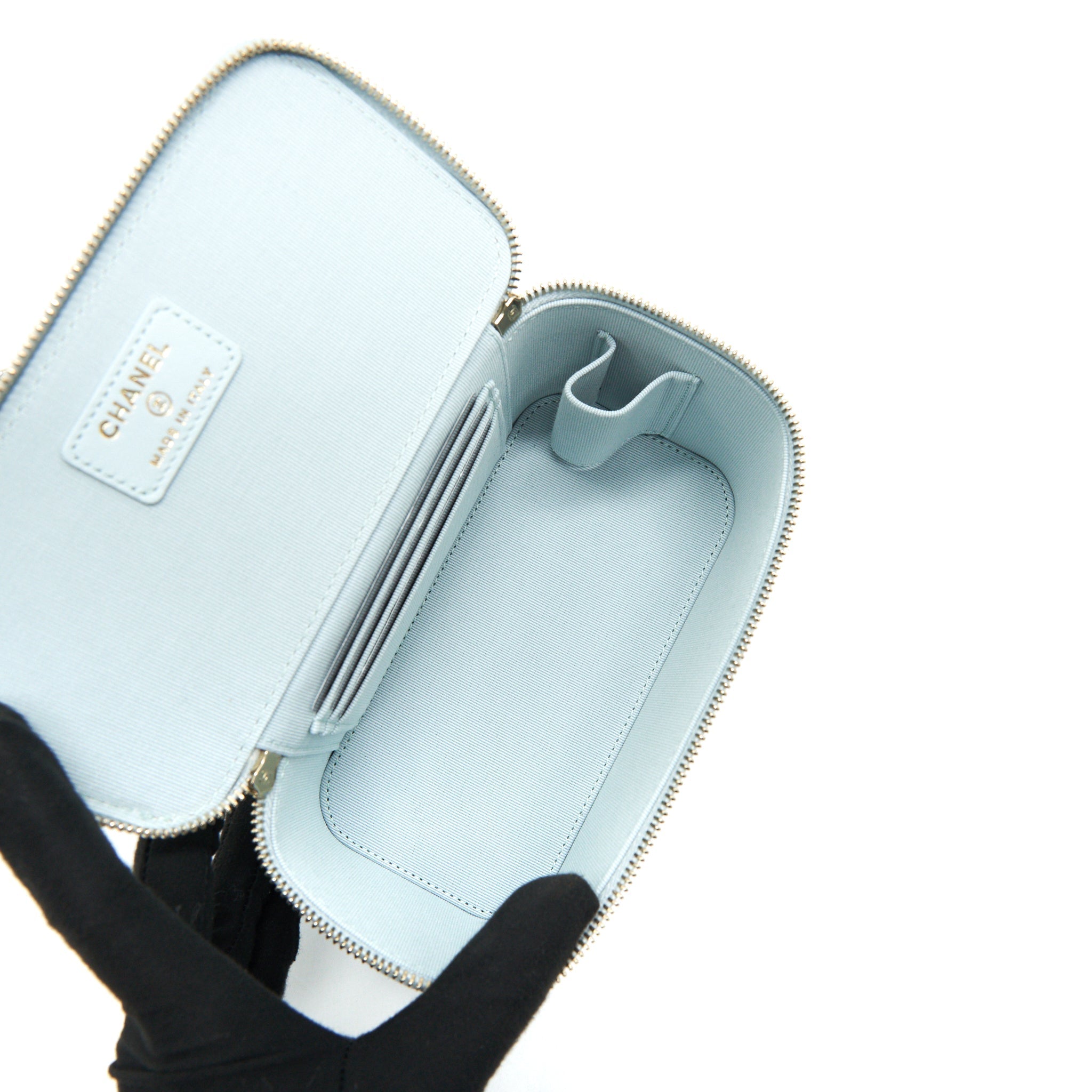 Chanel 21K Rectangular Top handle Vanity with Chain Baby Blue L