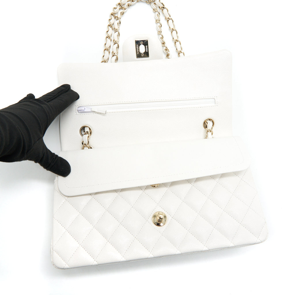 Chanel Medium Classic Double flap Bag Caviar White with L